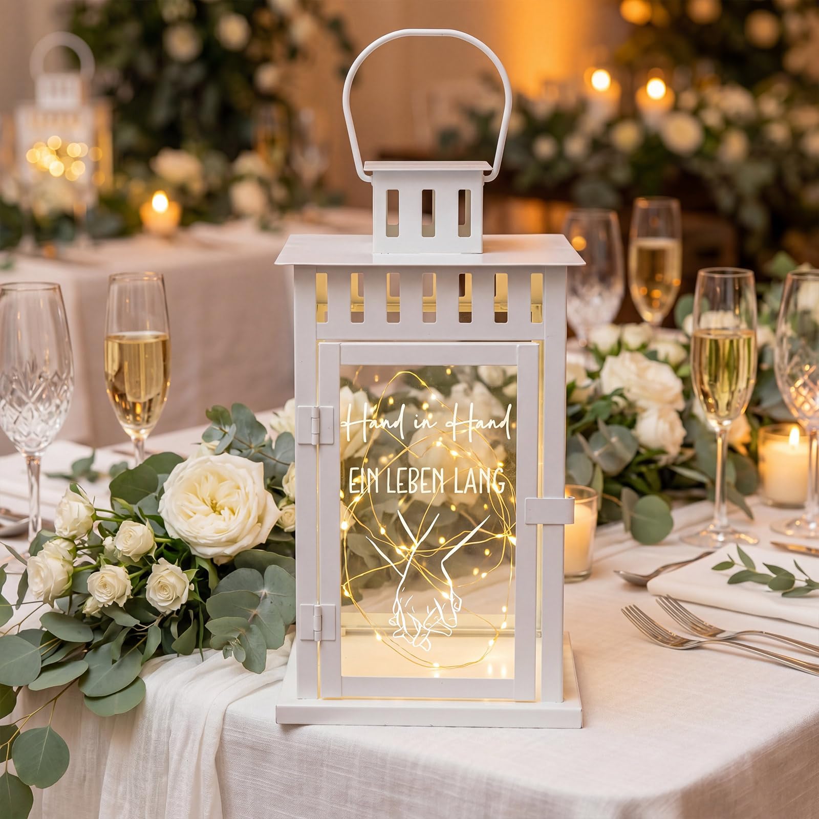 BBTO Hochzeitslaterne Metallgravur Dekorative mit 2 m LED Lichtern Laternen für Den Außenbereich Tischdekoration Jubiläumsgeschenk Hochzeitsgesellschaft(Hand in Hand)
