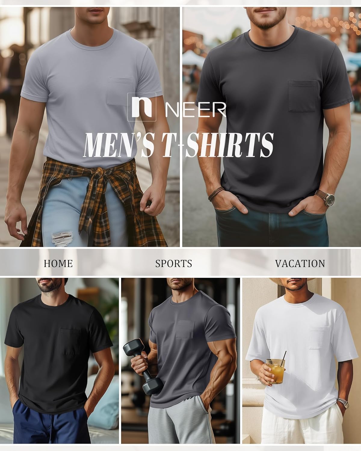 Neer 5 Pack Men's Big and Tall Pocket T-Shirt Crew Neck Short Sleeve Shirt Slim Fit Lightweight Top Casual Basic Tee - Image 2