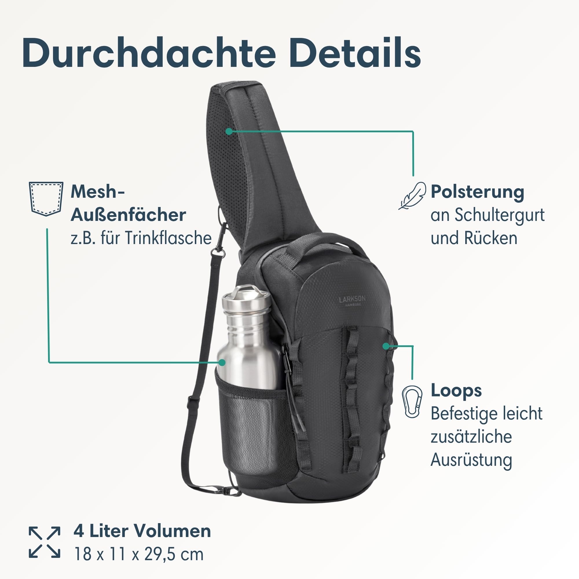 LARKSON Sling Bag Herren & Damen Schwarz - Klint - Funktionale Crossbody Schultertasche für Wandern Outdoor Fahrrad - 4 Liter Volumen - Wasserabweisend & Wasserfester Reißverschluss
