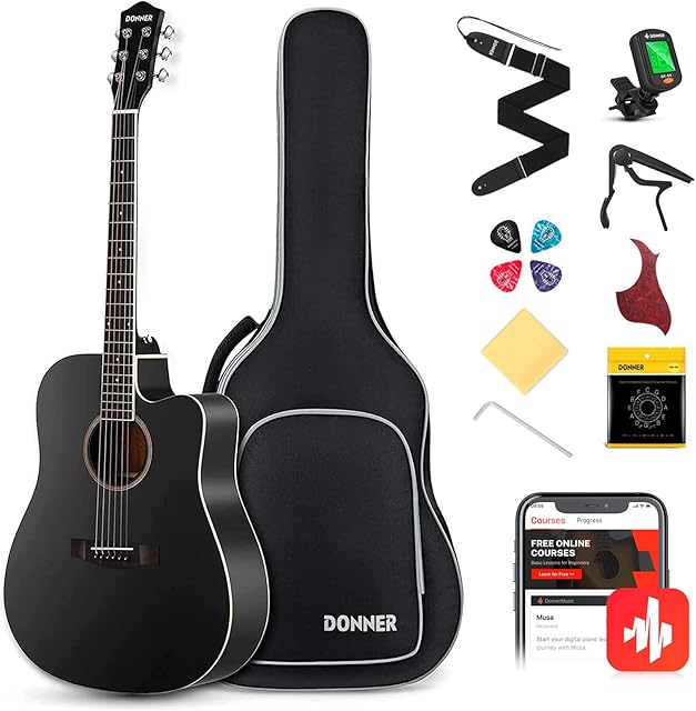 Donner Guitar Acoustic Full Size 4/4 Guitar Cutaway Beginner Adult Guitar 41 inch Kit with Gig Bag Tuner Strap Strings Capo Picks(Black)