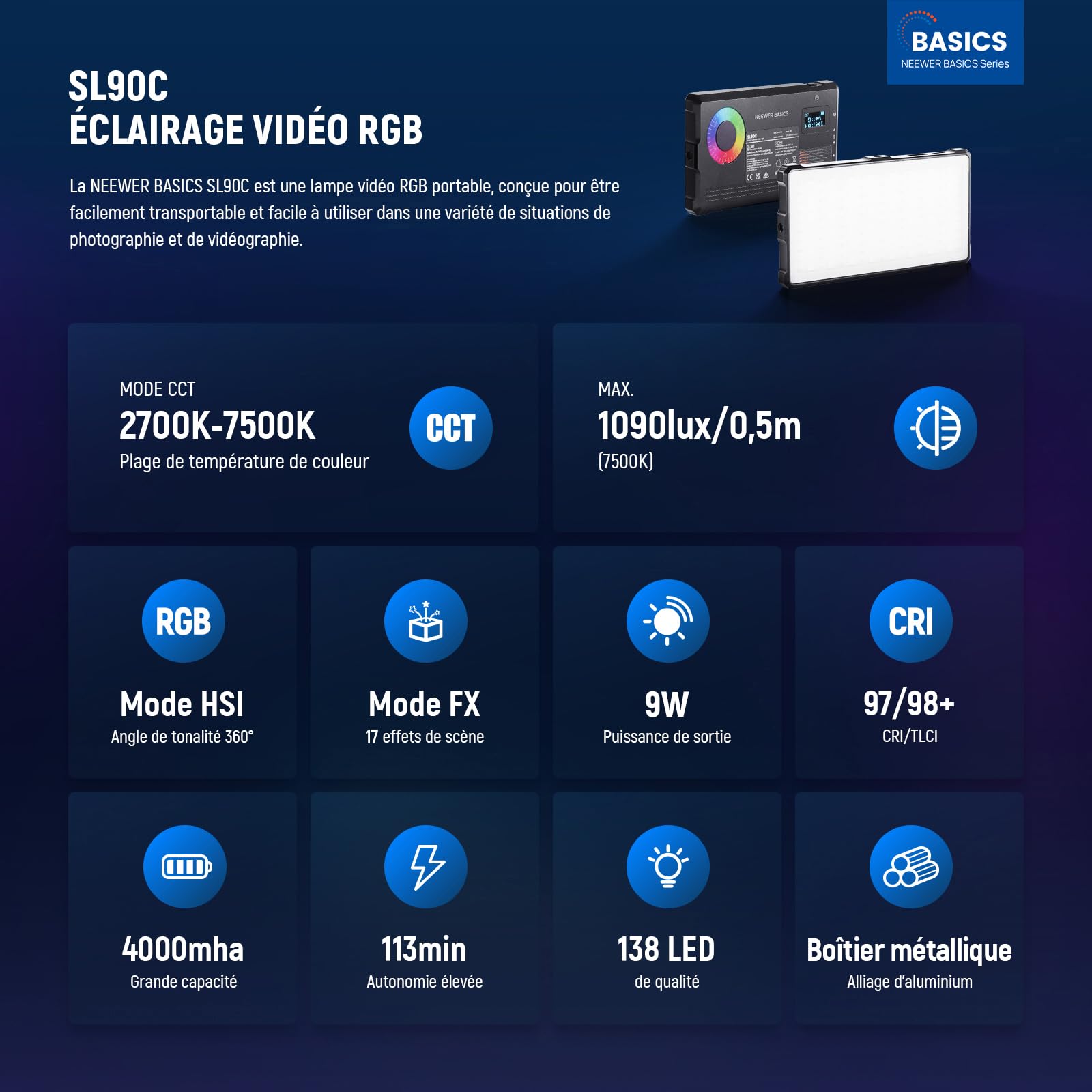NEEWER Basics RGB Éclairage Vidéo Portable 9W,2700-7500K,17 Scènes, IRC97, Batterie Rechargeable 4000Mah,Petit Panneau LED Métallique pour Appareil Photo Numérique,Trépied,Vidéo en Streaming,Sl90C