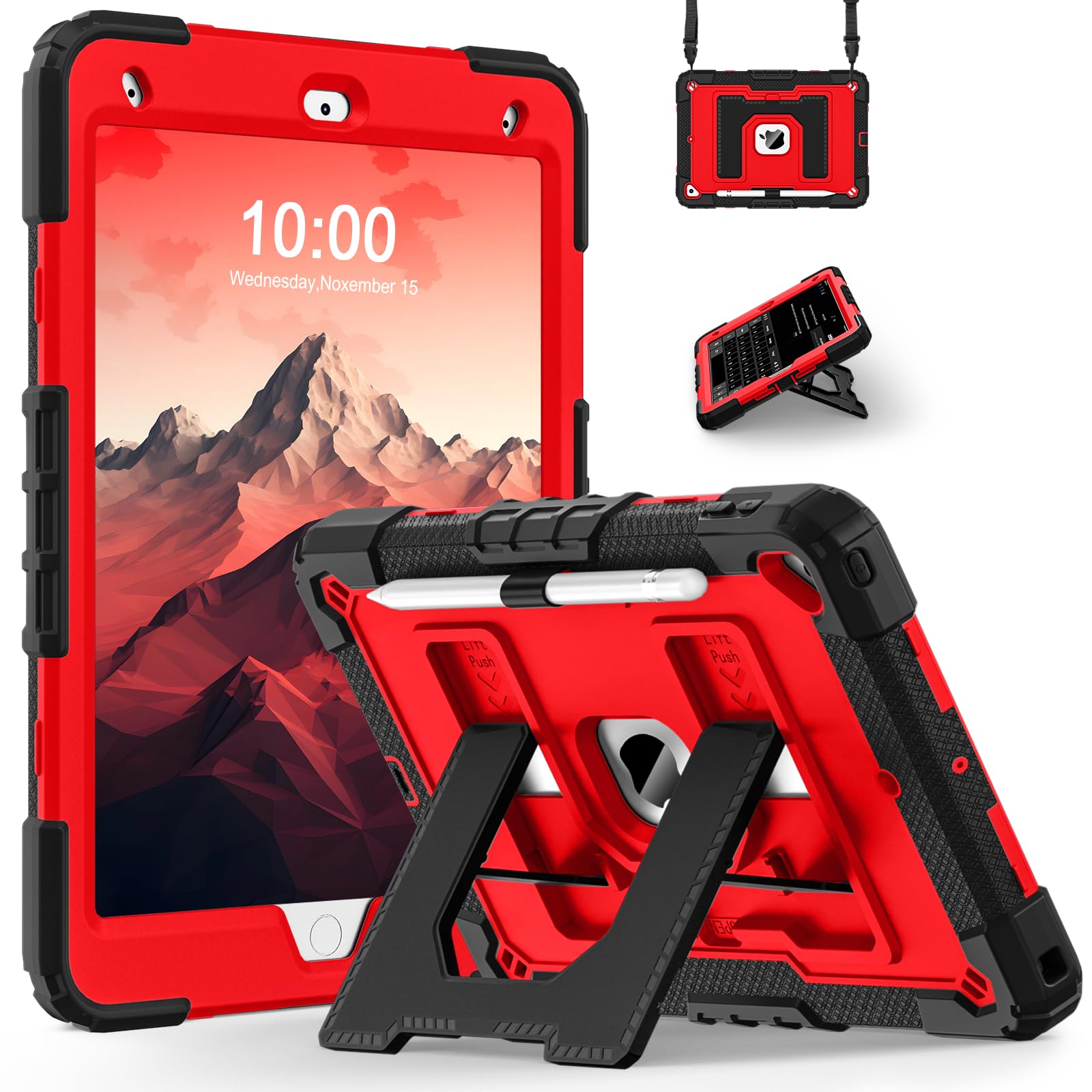 for iPad 9th/ 8th/ 7th Generation 10.2 Inch iPad Case 9th Gen | Shoulder Strap/Pencil Holder,Full-Body Drop Protection Cases for iPad 9th/8th/7th Generation iPad 9/8/7 Case,Black Red