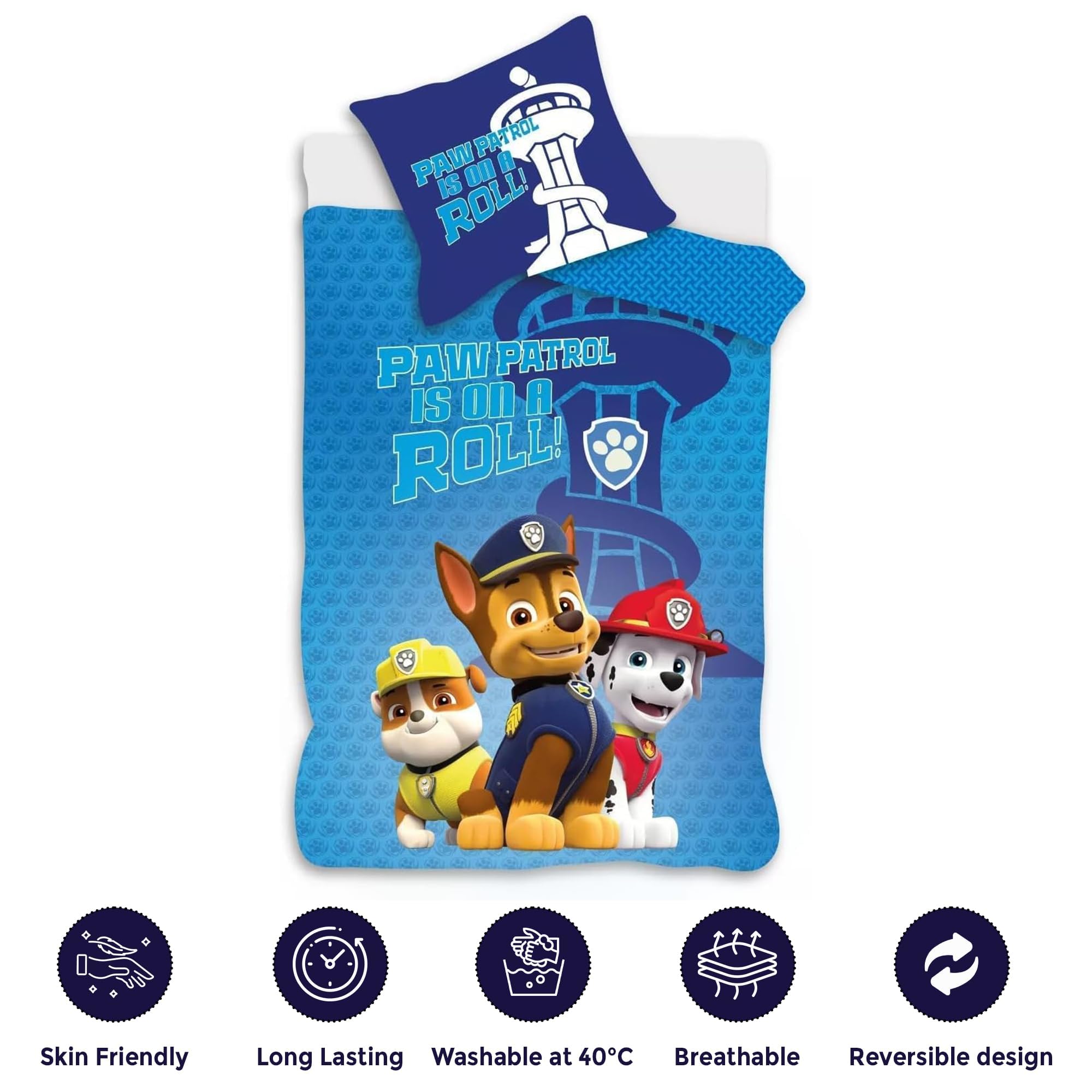 Juego de ropa de cama tamaño cuna azul de Paw Patrol | Funda nórdica de 100 x 140 cm + funda de almohada de 40 x 45 cm | 100% algodón | Ropa de cama suave y transpirable para cama de bebé o niño |