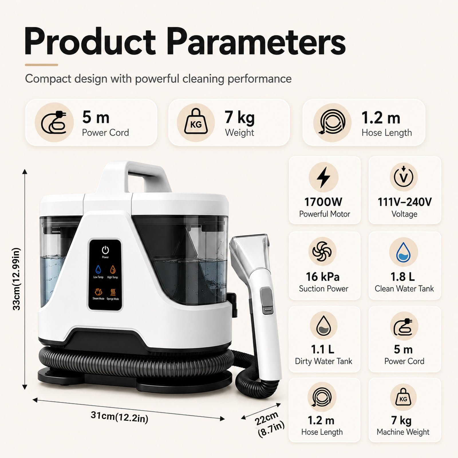 MIAOXIAOLONG Máquina Limpiadora de Alfombras y Tapicerías - Champú de 1700W para Limpieza de Sofás, Sofás, Asientos de Auto, Telas, Colchones, Extractor de Manchas para Muebles