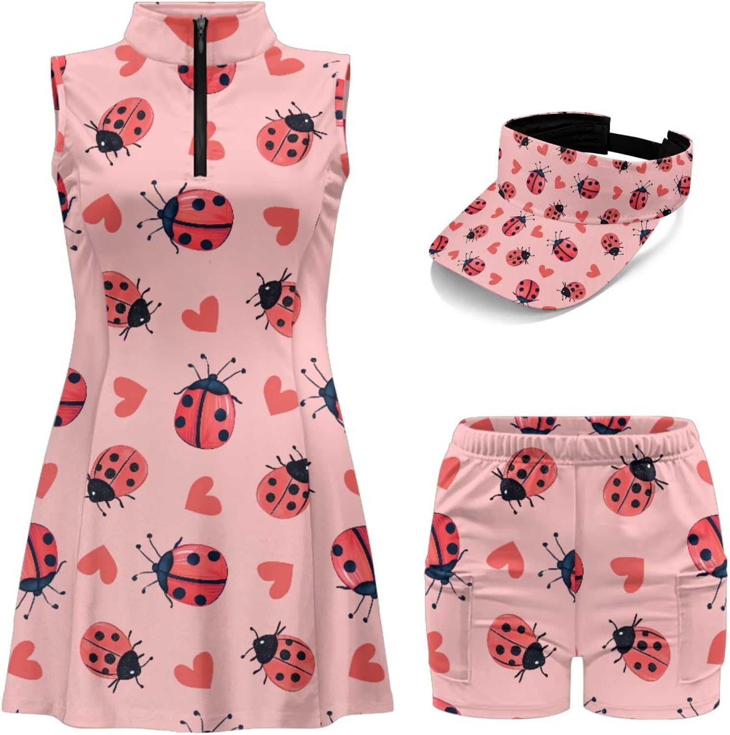 COEQINE Womens Tennis Dress with Separate Shorts Golf Dresses with Pockets and Golf Sun Hat Set of 3 for Workout Hiking