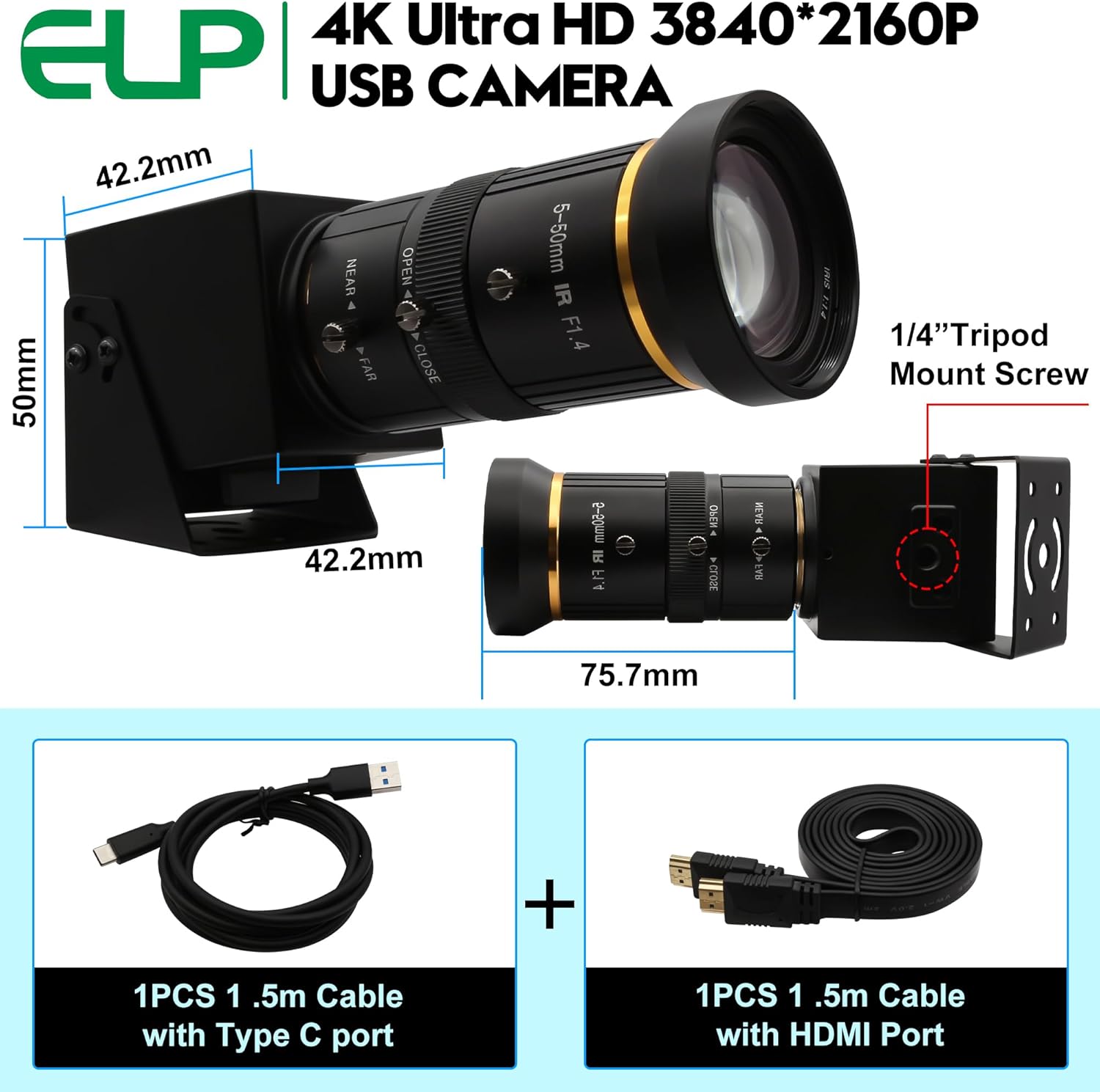 ELP 4K 60fps USB3.0 Webcam - HDMI & USB Output, Dual Display, Manual Zoom, 10x Zoom, High Speed, H.264, 5-50mm Lens