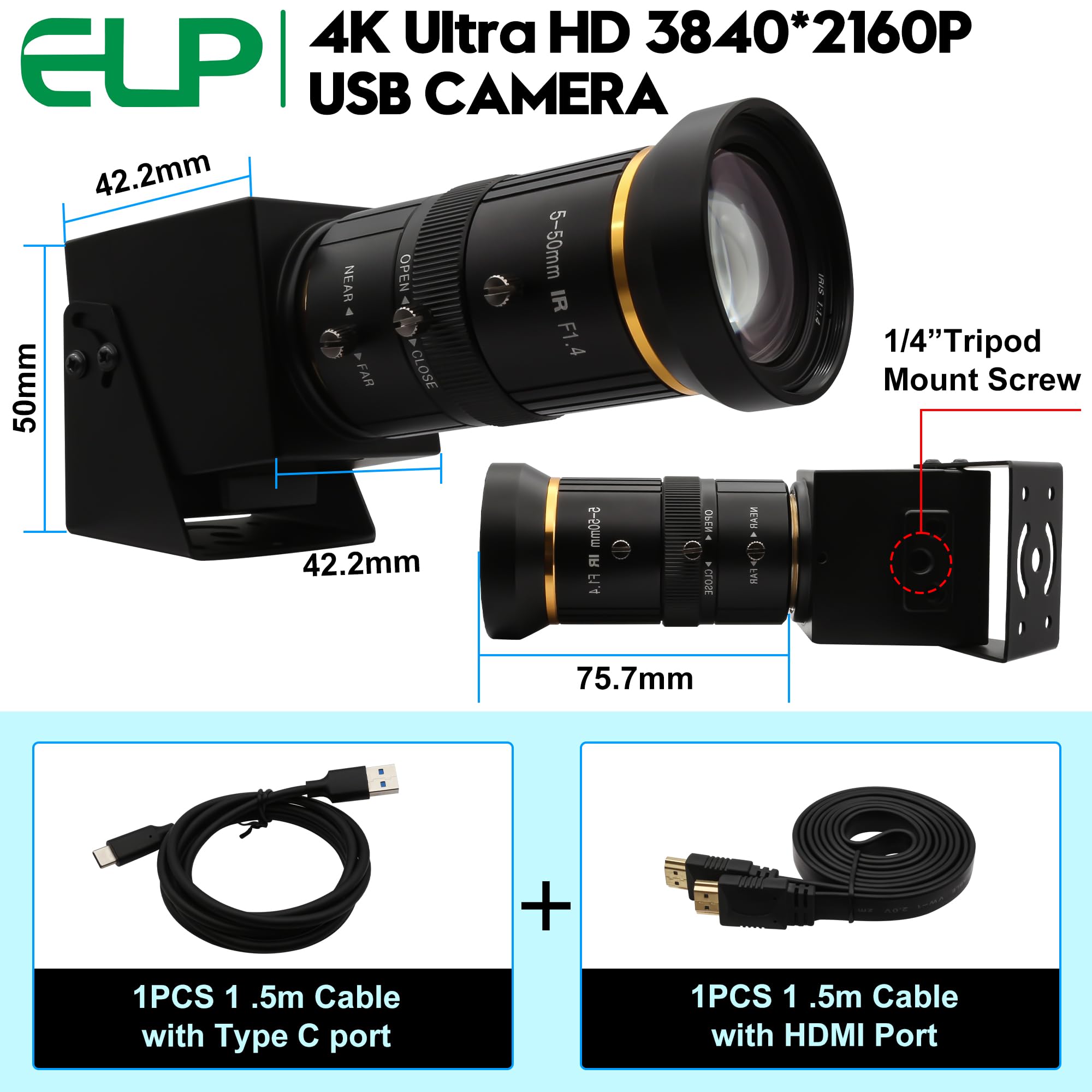 ELP Webcam USB 3.0 4K 60fps - Uscita HDMI e USB, doppio display, zoom manuale, zoom 10x, alta velocità, H.264, obiettivo 5-50mm