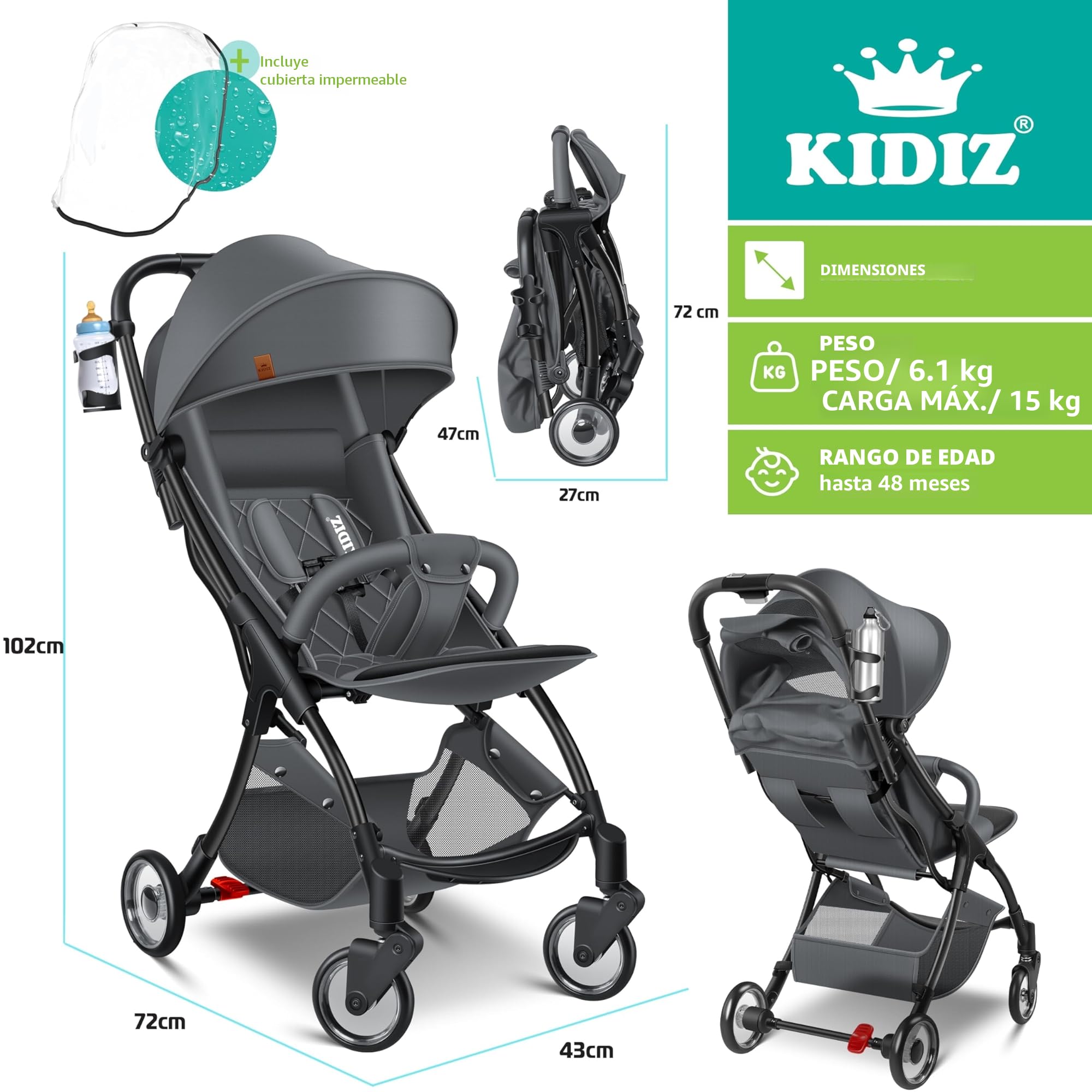 KIDIZ® Premium Silla de Paseo, Buggy, Ruedas de 360°, Arnés de 5 puntos, Incluye portavasos y protector de lluvia, Respaldo ajustable y capota, Plegable, Antracita