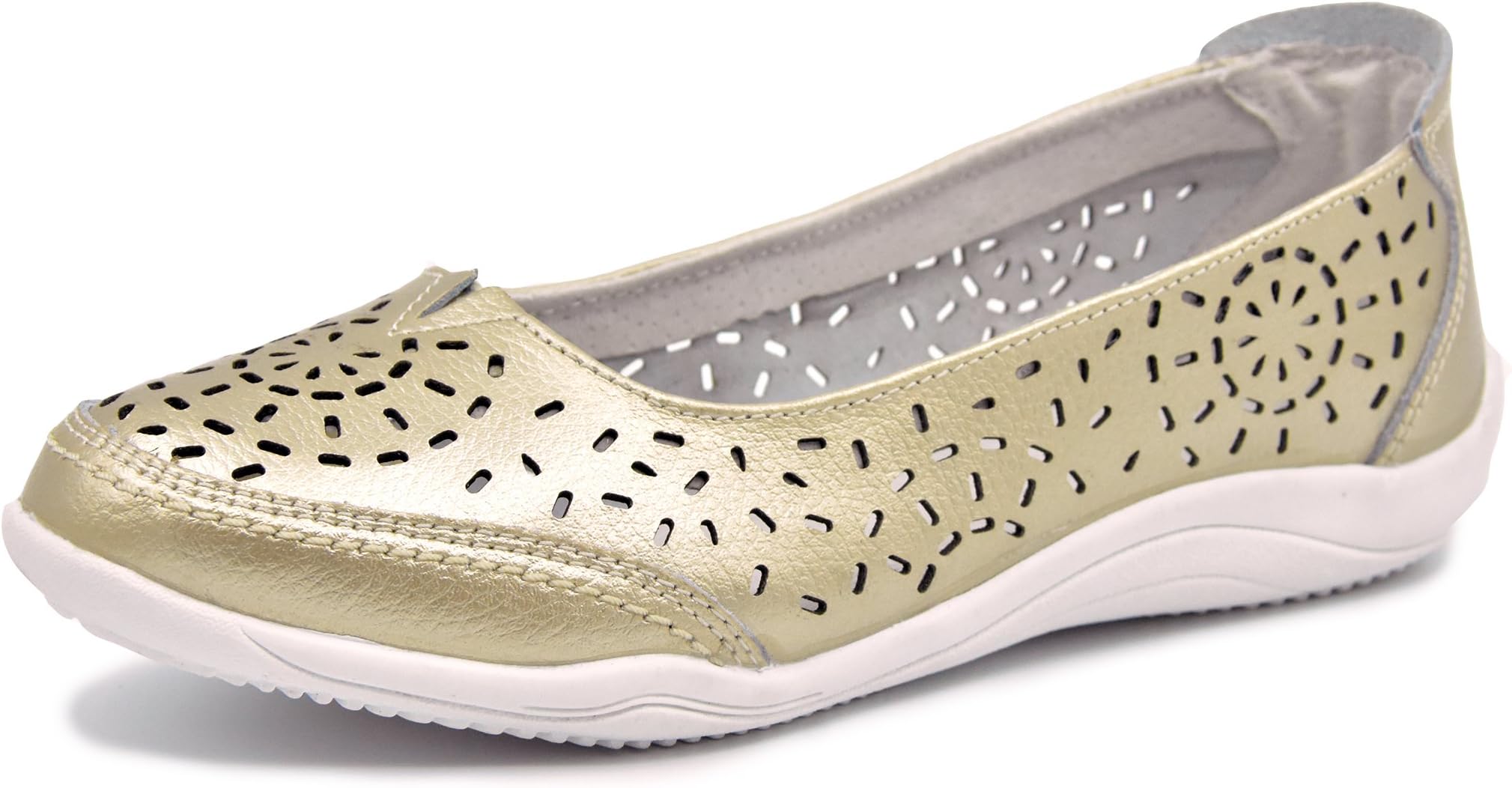 Knixmax Women's Leather Flats Casual Loafers Closed Toe Sandals Summer Walking Shoes Gold 6 UK