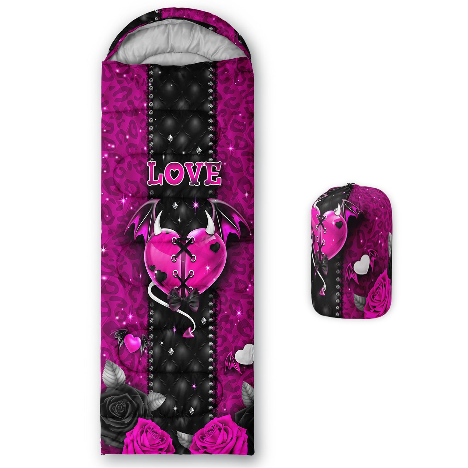QOOMO Cartoon Heart Waterproof Sleeping Bags for Adults & Kids,Printed Camping Sleeping Bags,Traveling,and Outdoors,Camping Gear Equipment,31x90inch, 3 Season Warm & Cool Weather,Lightweight