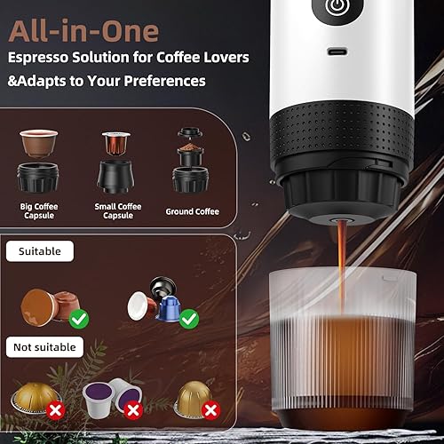 Miniatura 4 de Cafetera portátil para viajes y campamento, cafetera portátil para viajes, cafeteras recargables inalámbricas a pilas para café molido, cápsula NS,