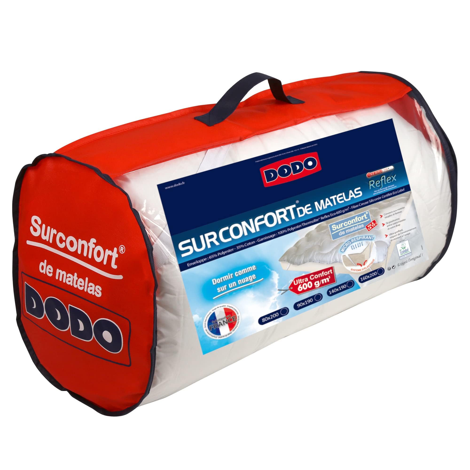 DODO - Surmatelas Ultra Confort 160x200 cm - pour Lit 2 Personnes - Micro-Respirant, Moelleux - Garnissage 100% Polyester Thermolite Reflex - 65% Polyester, 35% Coton - Lavable à 40°C