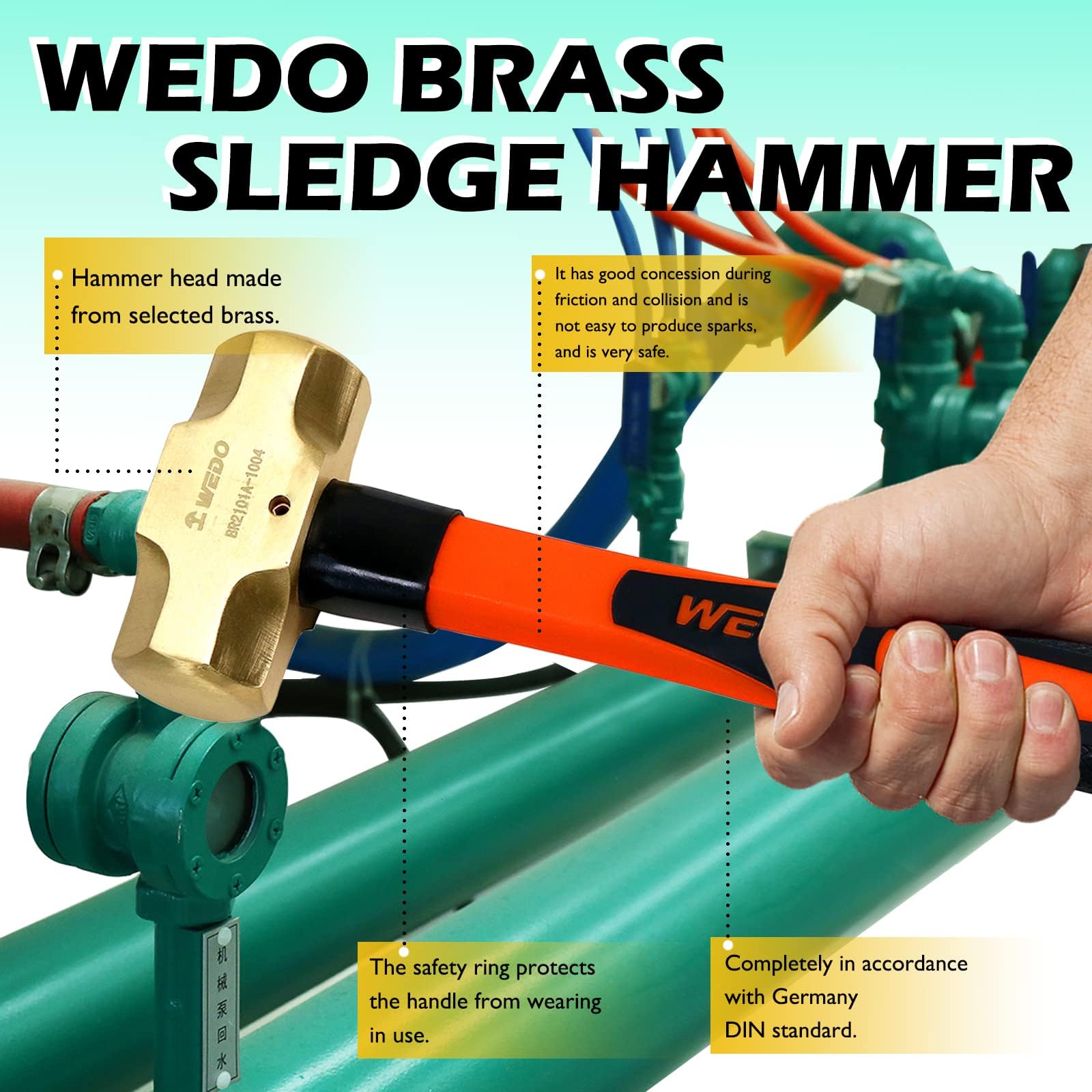 WEDO Mosiężny młot kowalski młotek z uchwytem z włókna szklanego, niemagnetyczny, matrycowy, odporny na korozję, standard DIN, 3,6 kg, 700 mm