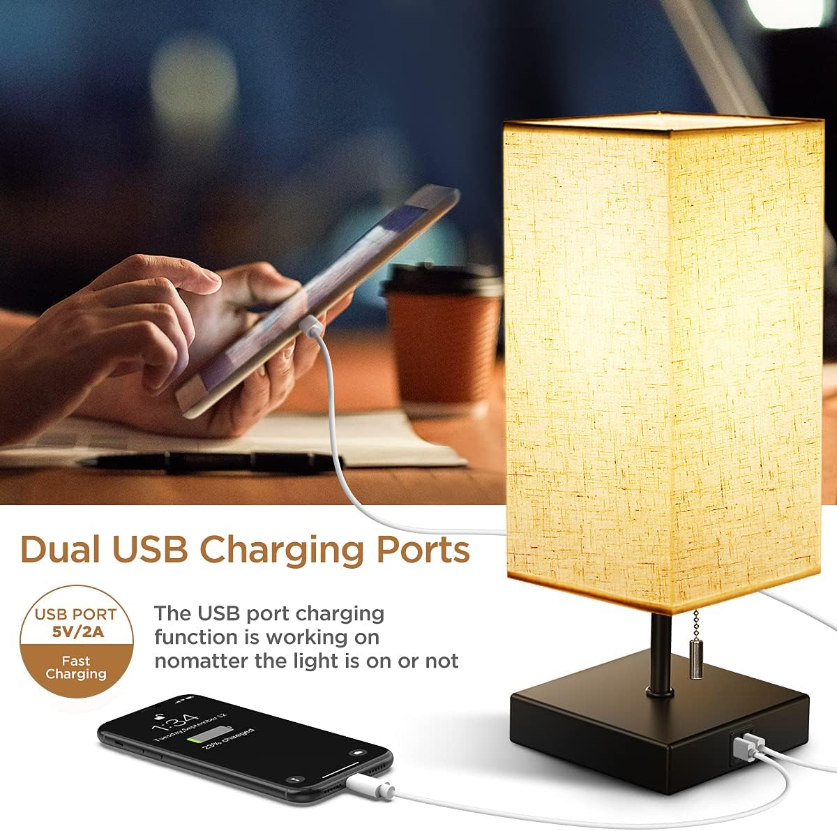 Bedside Table Lamp - Minimalist Nightstand Lamps with 2 USB Charing Ports, Lamps for Bedrooms,Living Room,Office,Fabric Linen Lamp Shade,Modern Desk Lamp with Black Metal Base and Chain Switch