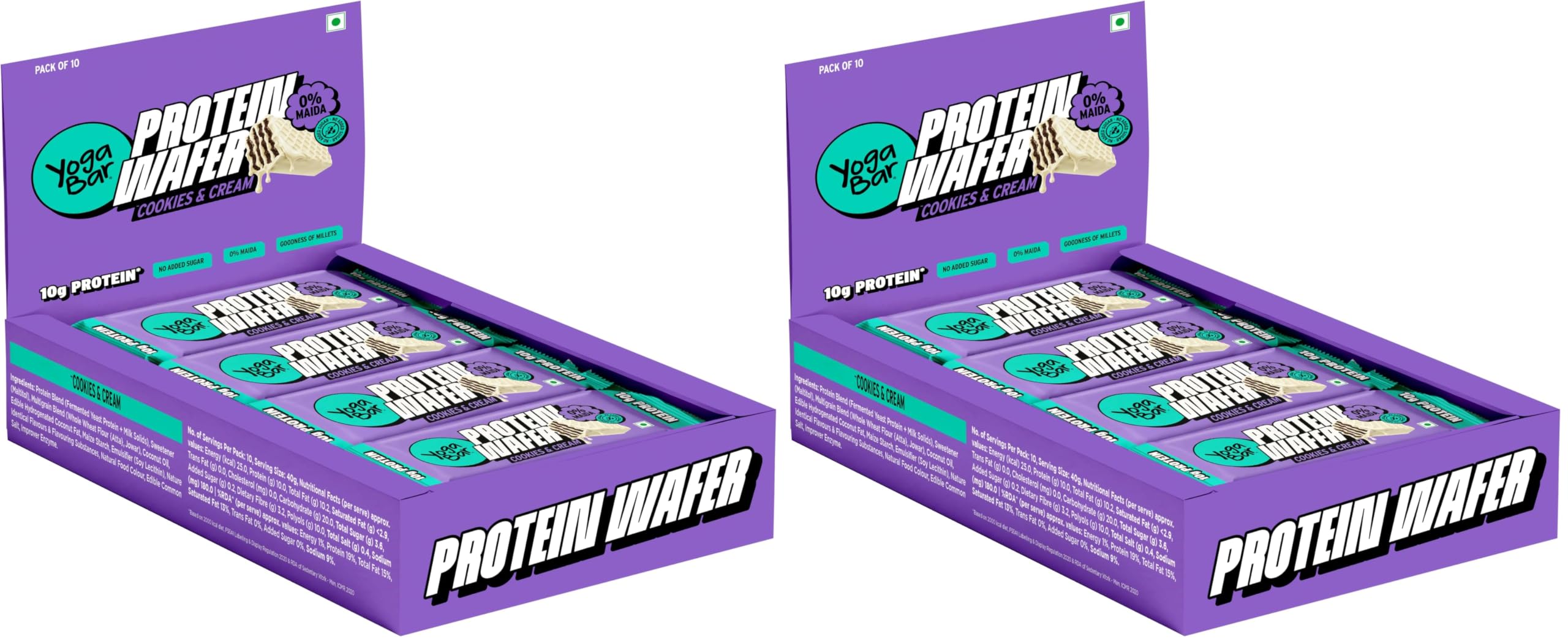 Yogabar 10g Protein Wafer Bars | Cookies & Cream Flavor | 0% Maida | Made with Millets | Crunchy High Protein Bars | 40g Each | Pack of 20-picture-12
