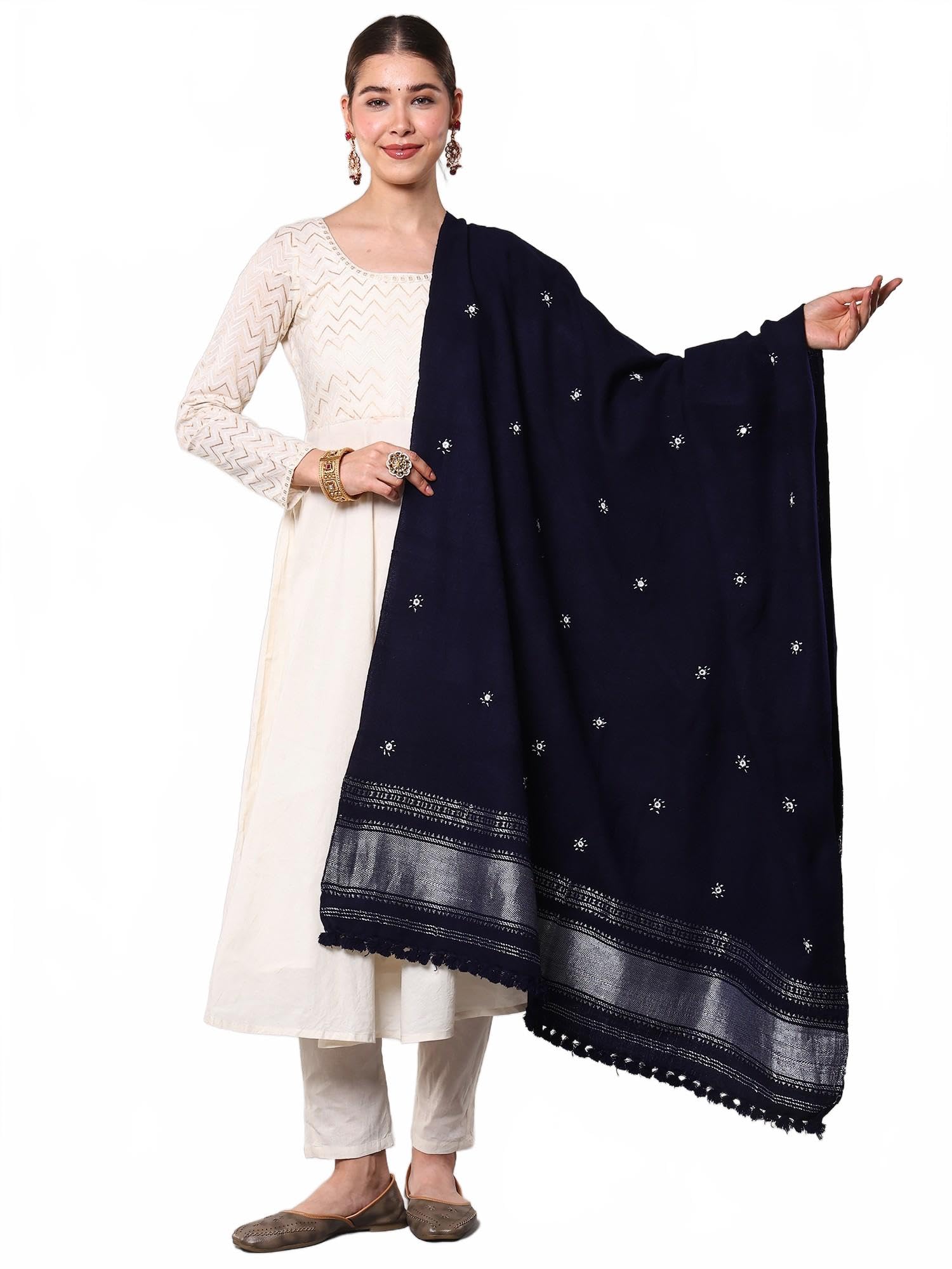exotic india Women's Wool Shawl from Kutch with Embroidered Bootis and Golden Woven Border Ethnic Design Stole, Scarves-picture-40