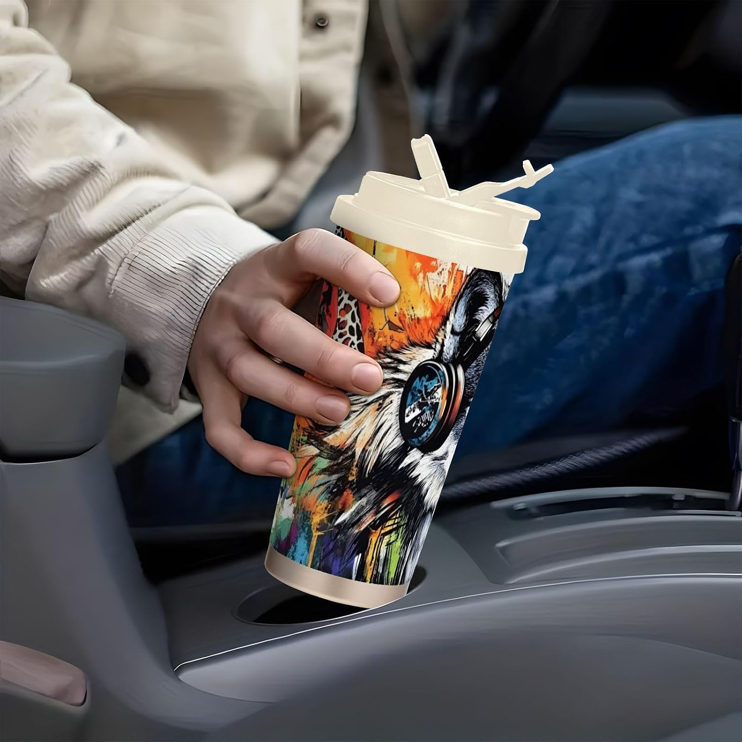 Wolf Headphone Colors Insulated Coffee Mug with Straw & Flip Lid, 16.9oz Iced Tumbler Cup, Double Wall Vacuum Mug for Travel Office