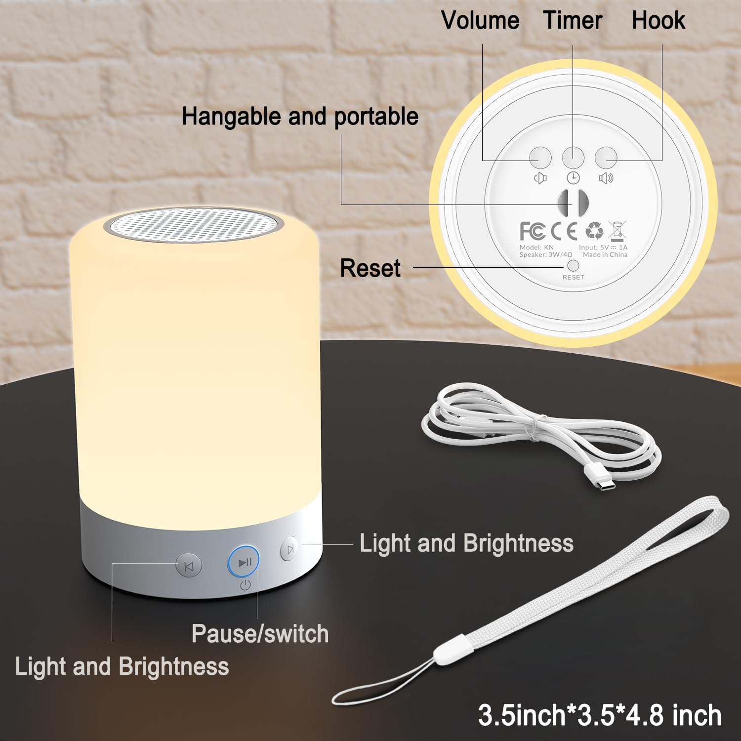 Diagram of Kipcush White Noise Machine controls, showing charging port, volume, timer, hook, light, and power buttons.
