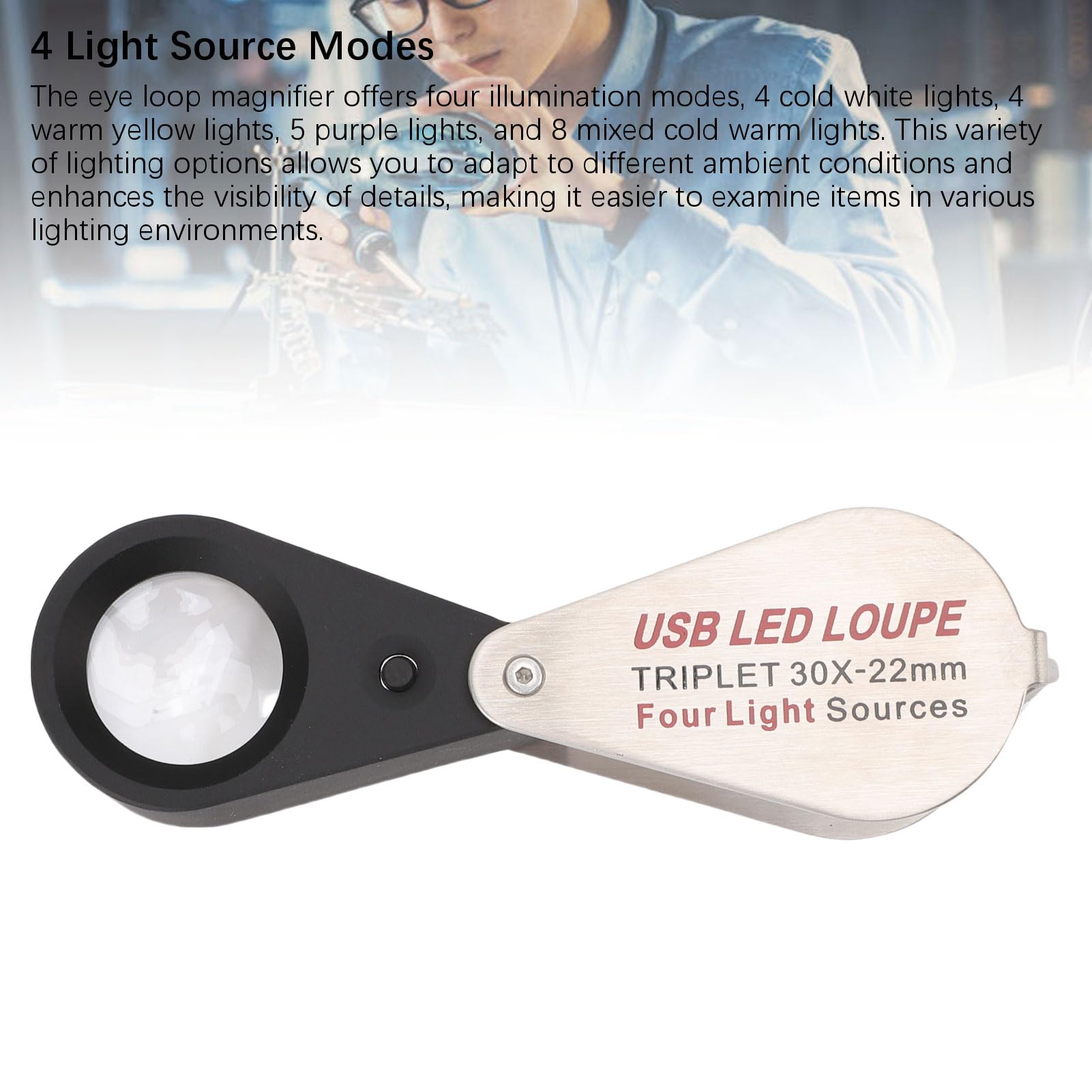 Bewinner Wiederaufladbare Juwelierlupe mit 30-facher Vergrößerung, 4 Lichtmodi und 13 LED-Lampen, Faltbares Design mit Optischem K9-Glas und USB-Aufladung
