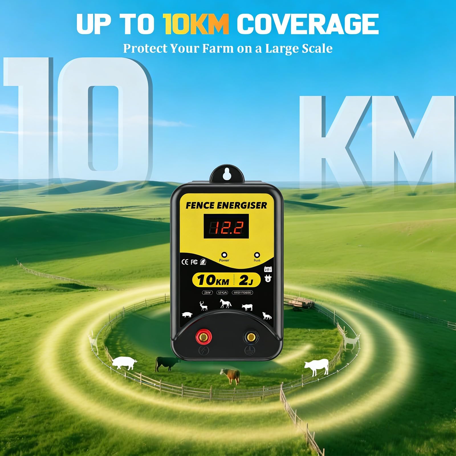 Energizador eléctrico de valla de 12 voltios, funciona con pilas, conectores 2J, alcance de 10 km, IPX5 impermeable con pantalla LED, resistente a la intemperie para caballos y otros animales