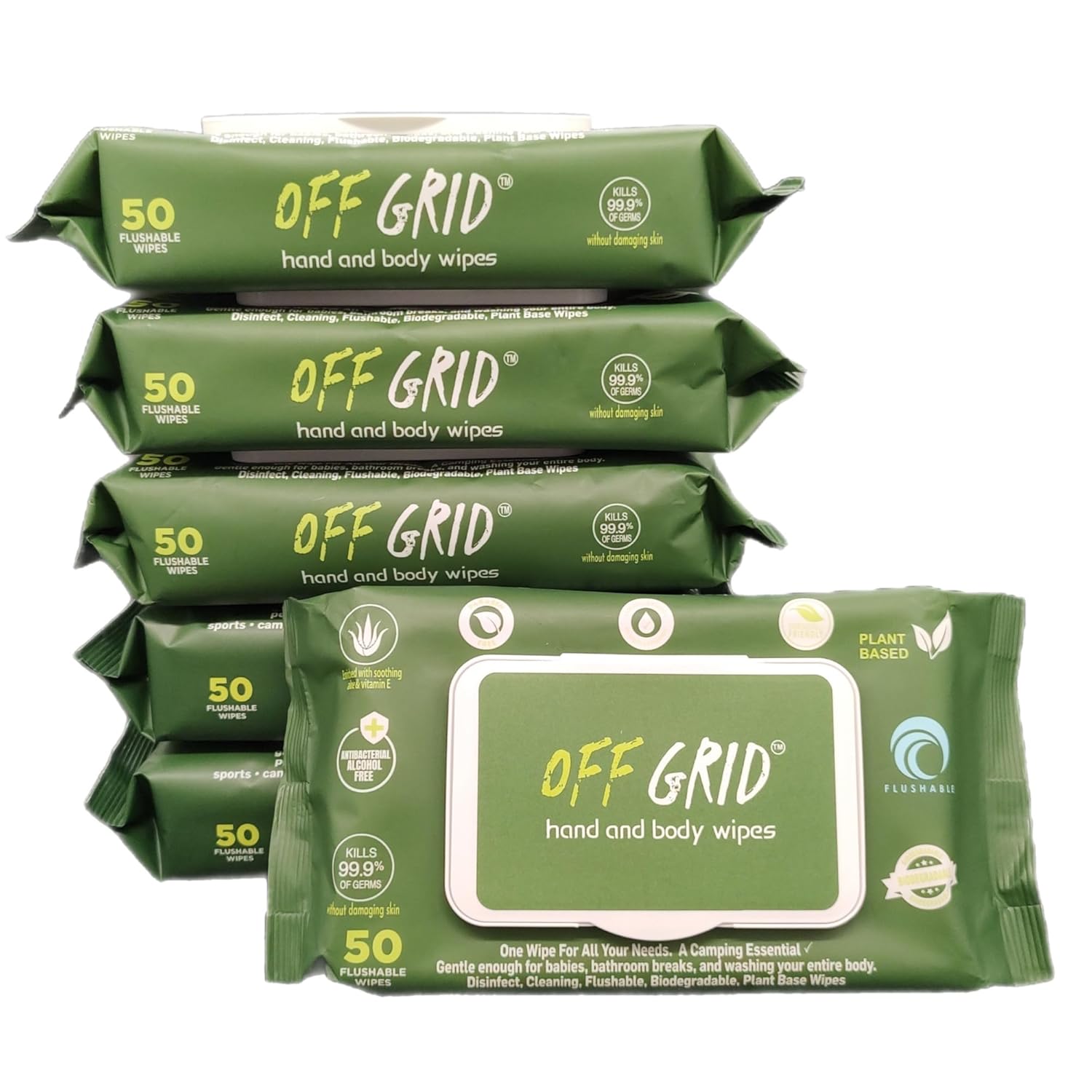 OFF GRID Hand and Body Wipes | Trusted Wipe of the US Military | Alcohol-Free Wipes | Plant-Based Wipes for Camping, Hiking, & More | Travel-Friendly & Flushable | 6 Pack