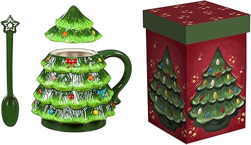 Miniatura 5 de Evergreen Taza de cerámica vintage de Navidad, 20 onzas, taza de café para café, té, chocolate caliente, regalos de vacaciones para ella (árbol de
