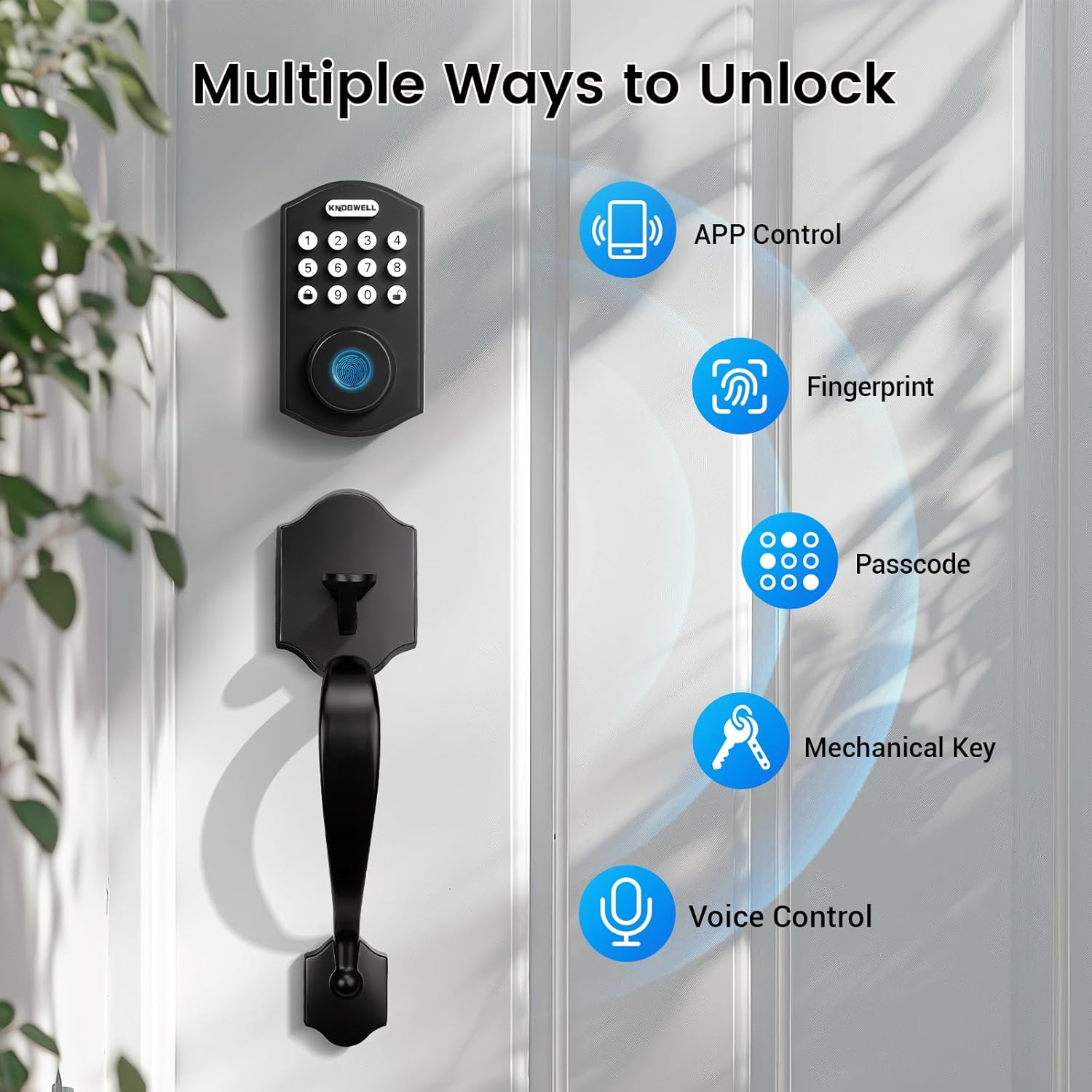 KNOBWELL Keyless Entry Door Lock with Handle Set,Front Door Handle Set，Password Door Lock Fingerprint  Keypad Deadbolt, Auto Lock, Matte Black