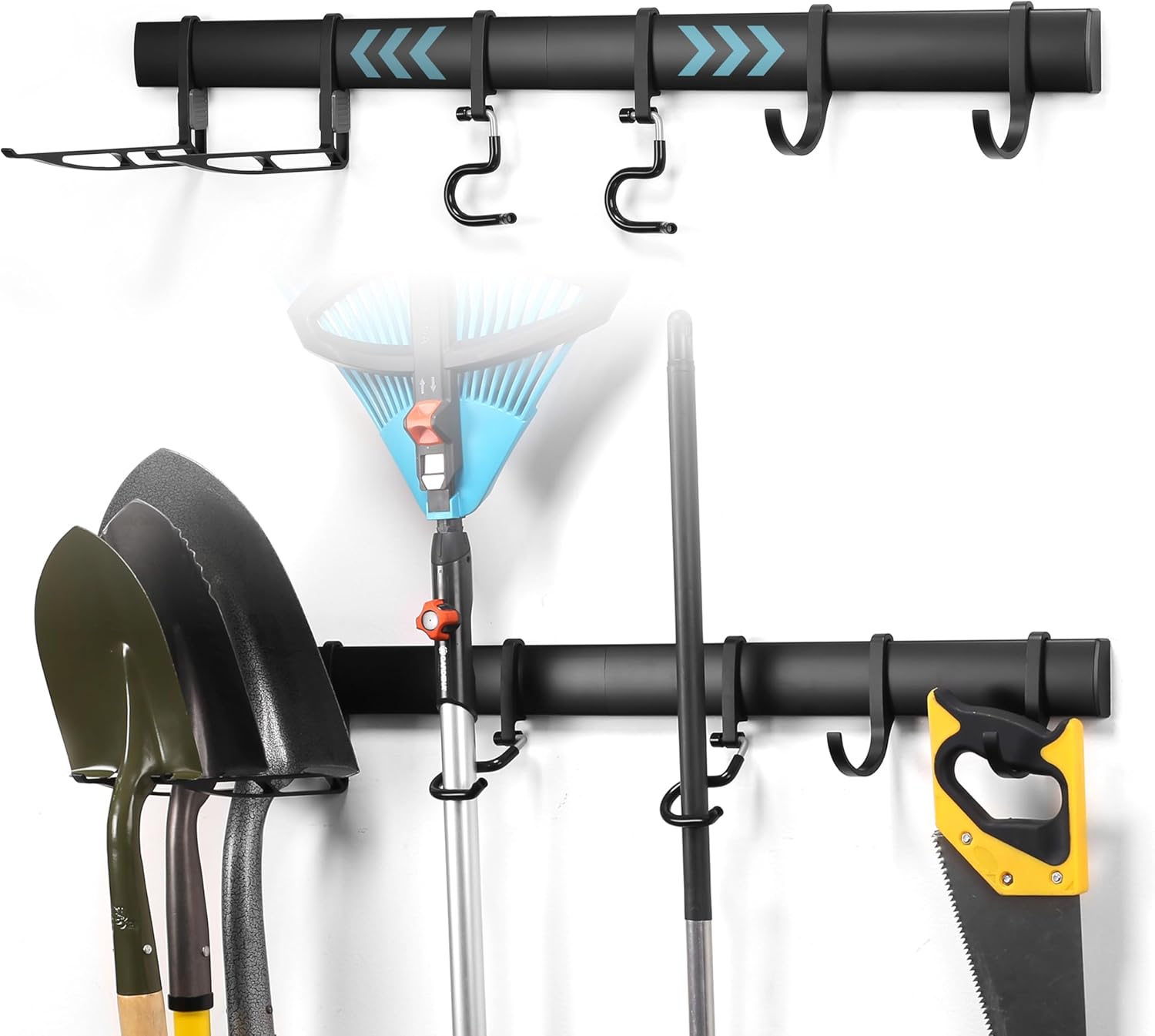 Wall-Mounted Rack With 6 Garage Hooks, Heavy-Duty Aerospace-Grade Aluminum Alloy Hooks Garage & Garden Storage for Shed, Workshop, or Home Organization – For Rakes, Shovels, Tools & More