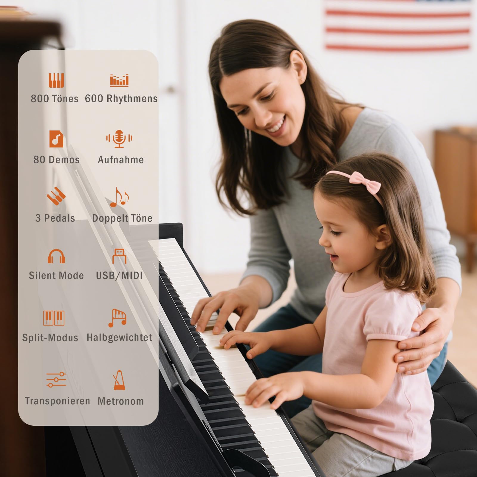 MUSTAR 88 Tasten Digital Piano, Halbgewichtete Tasten Klavier mit USB/MIDI und Bluetooth, Halb-offene Abdeckung, E-Piano mit 3-Pedal-Einheit, Stereolautsprechern, 800 Töne und 64 Polyphony, Schwarz