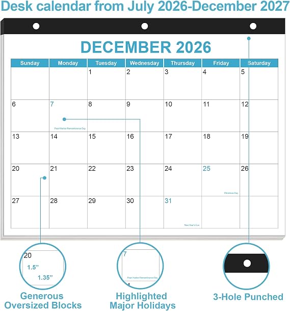 2026-2027 Calendar for 3 Ring Binder - Desk Calendar 2026-2027 from July 2026 - December 2027, 18 Months Calendar with Premium Paper, 3-Hole Calendar, 8.5 x 11, Blue