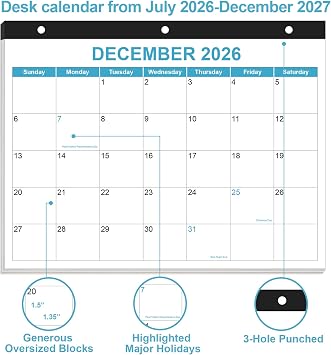 2026-2027 Calendar for 3 Ring Binder - Desk Calendar 2026-2027 from July 2026 - December 2027, 18 Months Calendar with Premium Paper, 3-Hole Calendar, 8.5 x 11, Blue
