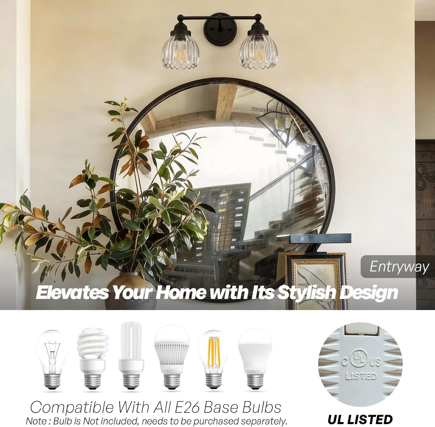 Vintage Double Arm Tulip Glass Wall Sconce Lighting, 2-Lights Bathroom Vanity Light Fixture for Hallway Bedroom Living Room Bedside Nightstands Lights