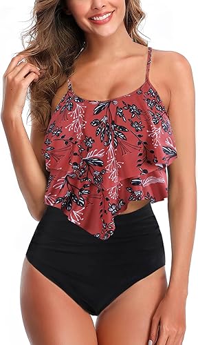 Miniatura 19 de Trajes de baño tipo tankini para mujer, parte superior con volantes y control de abdomen, diseño floral modesto, bikini de talle alto Rosa encendido