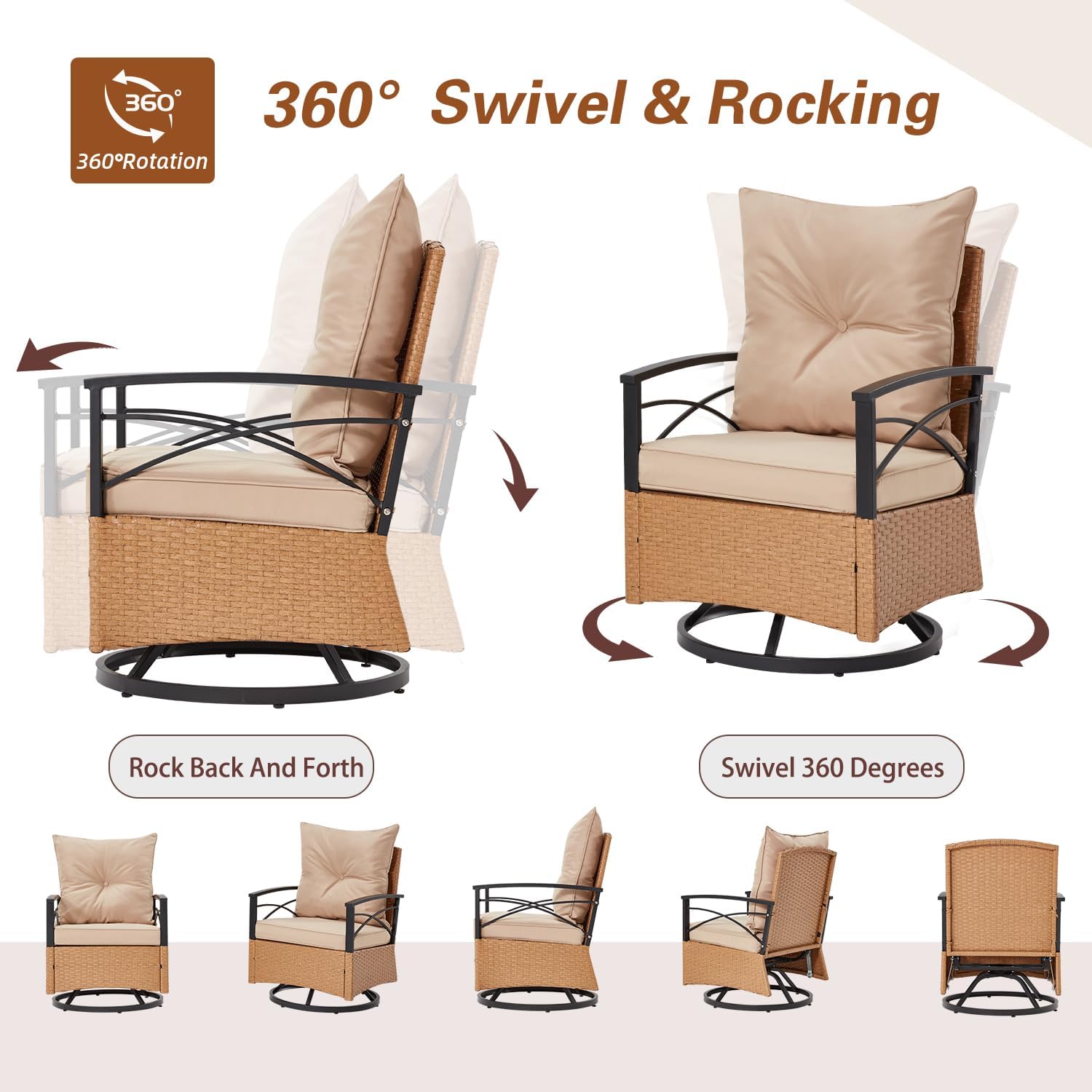 MELLCOM 3 Pieces Patio Furniture Set, Outdoor Swivel Patio Rocker Chairs with Thick Cushions and 2-Tier Coffee Table, Oversize Wicker Bistro Conversation Sets for Garden, Balcony, Backyard, Beige