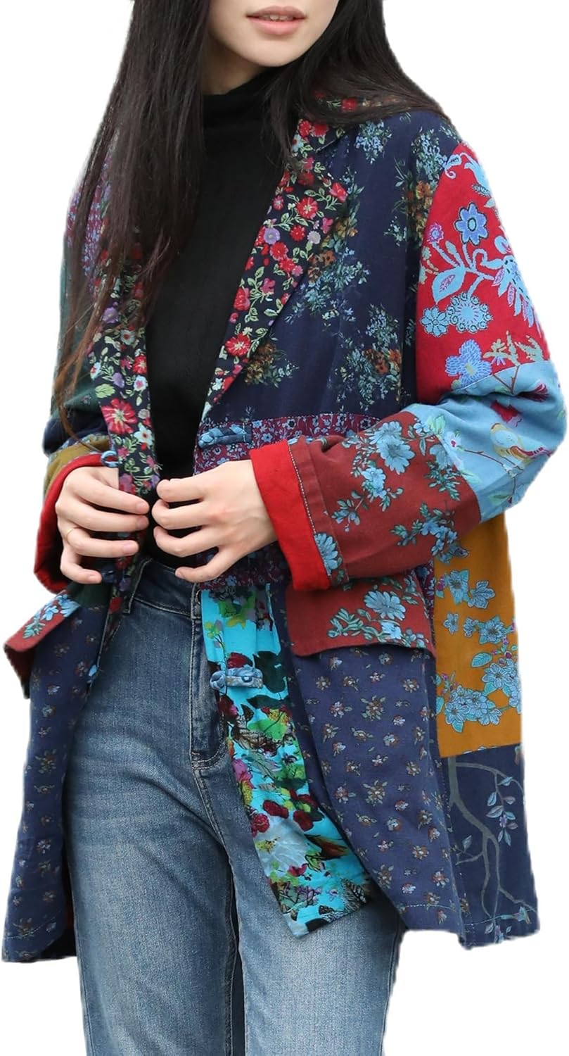 Womens Blazers Casual Open Front Long Sleeve Floral Jackets with Patchwork Color Block & Pockets
