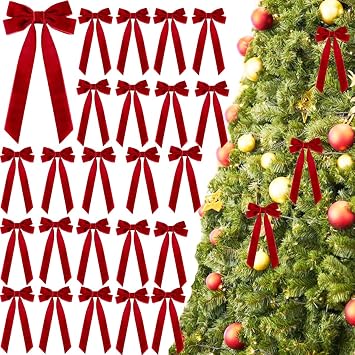 24Pcs Velvet Ribbon Bows for Christmas Tree,Vintage Christmas Ornaments Handmade Craft Bows for Garland Wreath Gift Wrapping Candy Bags Party DIY Decorations Red,5" x 10",Width of 1"