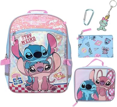 BIOWORLD Girls Stitch and Angel Holographic 16 Backpack Lunch Set Set Lunch Bag, Keychain, Utility Case Little Kid/Big Kid Pink One Size