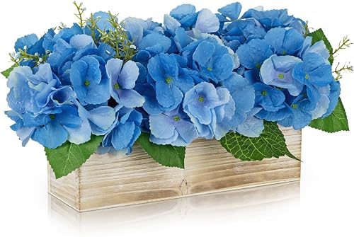 Blue Hydrangea Artificial Flowers Arrangement in Wooden Planter Pot, Fake Hydrangea Flowers with Rectangular Box Vase, Silk Floral Centerpiece for Dining Room, Coffee Table, Kitchen, Windowsill Decor