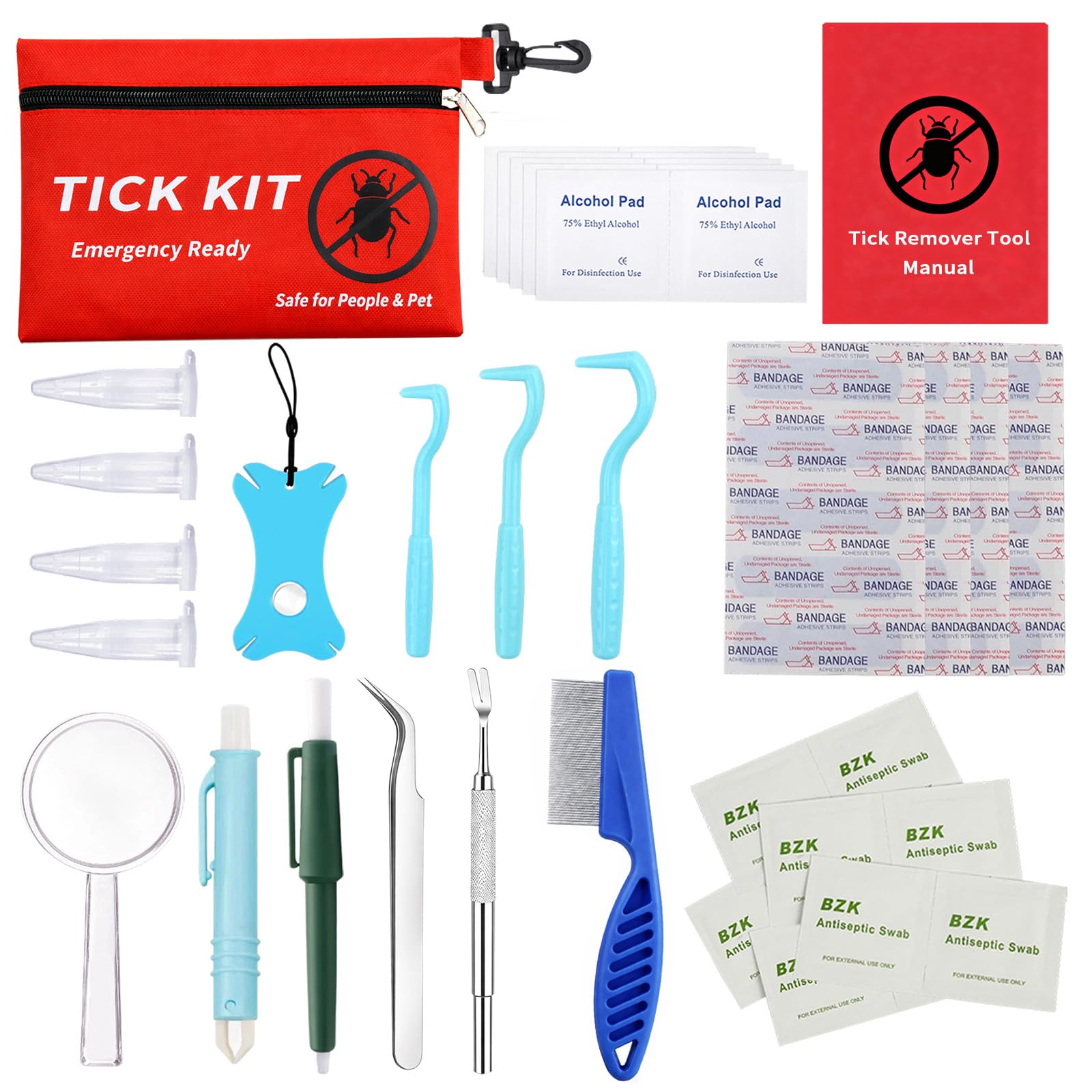 Premium Tick Remover Kit for Dogs Cats and Humans, 54-in-1 Tick Removal Tool Set with Stainless Steel Tweezers Hooks Comb and Puller, Portable Hiking Essentials with Water Resistant First Aid Case
