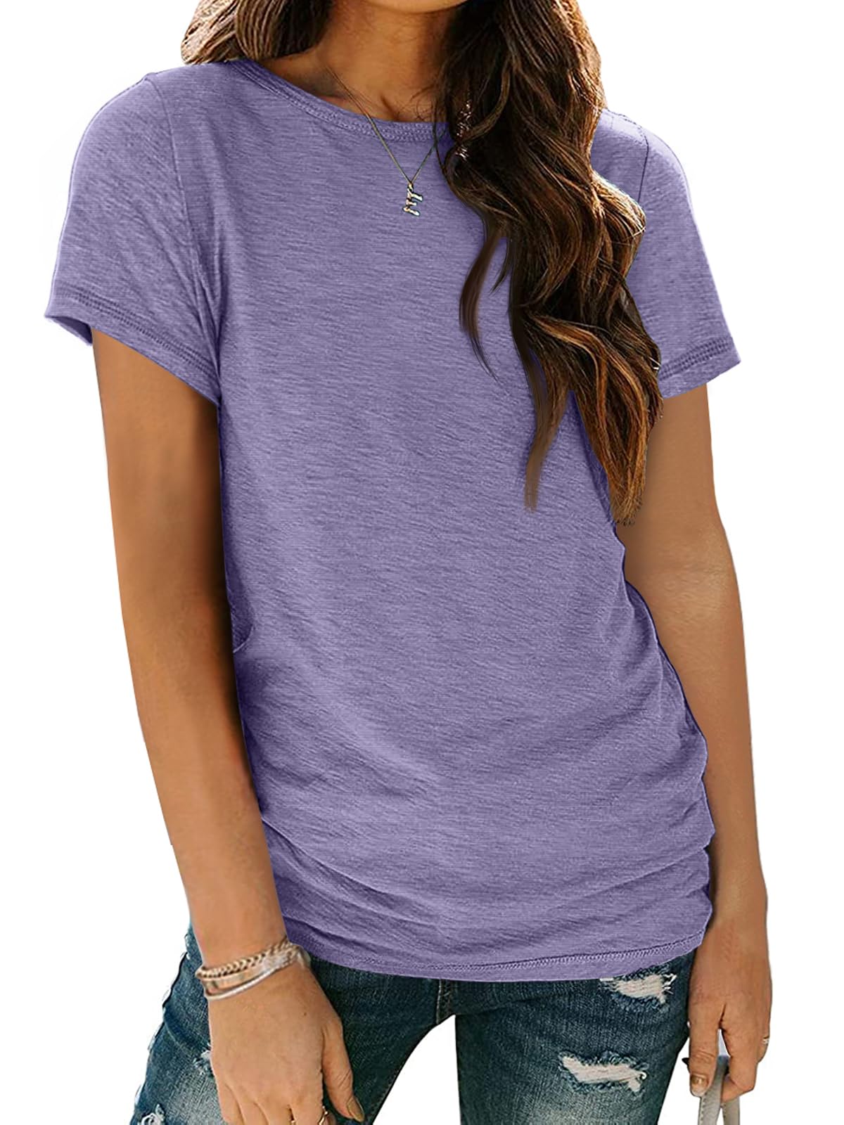 AUTOMET Women's Soft Basic Short Sleeve T-Shirt, Round Neck Top Casual Tee for Spring Summer Daily Wear