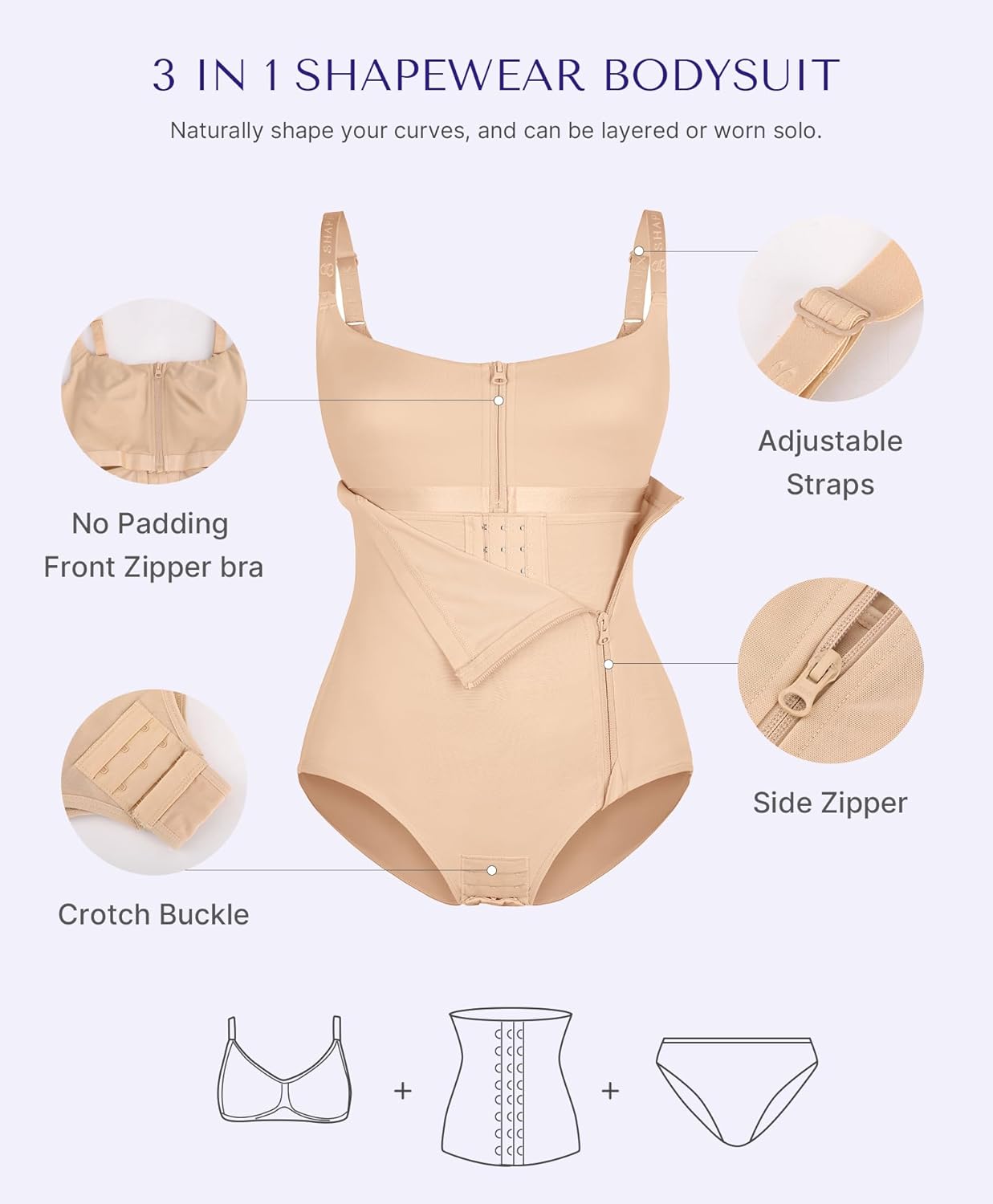 SHAPELLX Women's Shapewear Tummy Control Bodysuit Built-in Waist Trainer Body Shaper High Compression Fajas Colombianas - Image 5