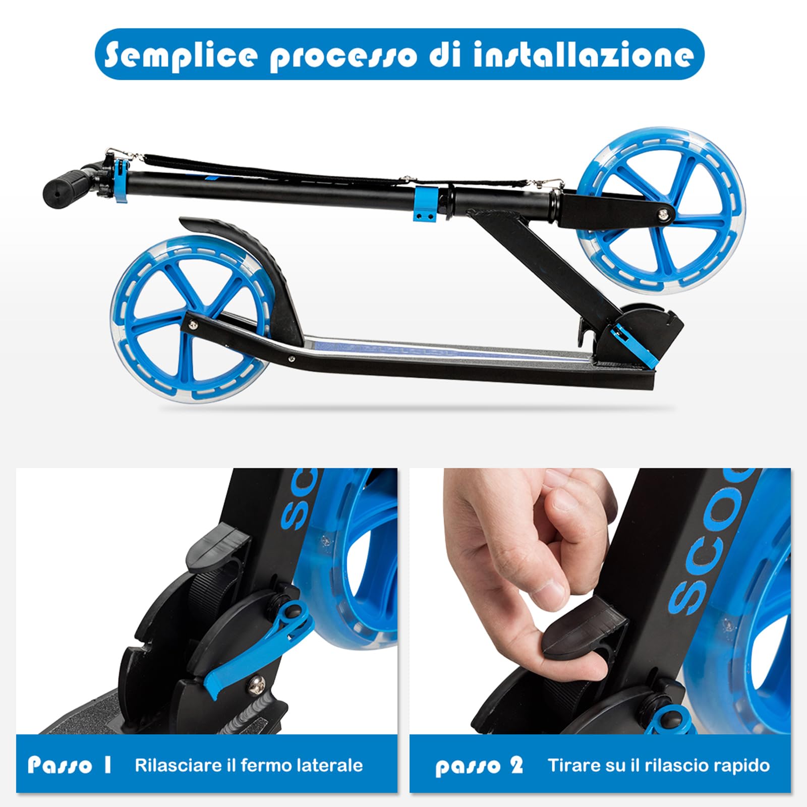 COSTWAY Monopattino Pieghevole con Altezza Regolabile, 2 Ruote Luminose con Freno, Manubrio Regolabile, Pedana Antiscivolo, Tracolla e Cavalletto, Scooter Portata 100kg, 10+ Anni