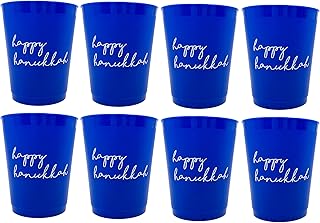 Blue Plastic Happy Hanukkah Cups, Reusable Holiday Drinkware for Parties and Events, Pack of 8