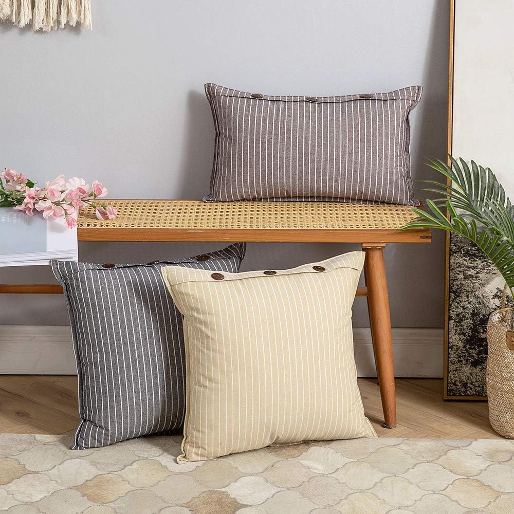 MIULEE Pack of 2 Farmhouse Decorative Throw Pillow Covers Button Linen Pillowcases Modern Stripe Lumbar Cushion Case for Couch Sofa Bedroom, 20 x 20 Inch, Dark Grey