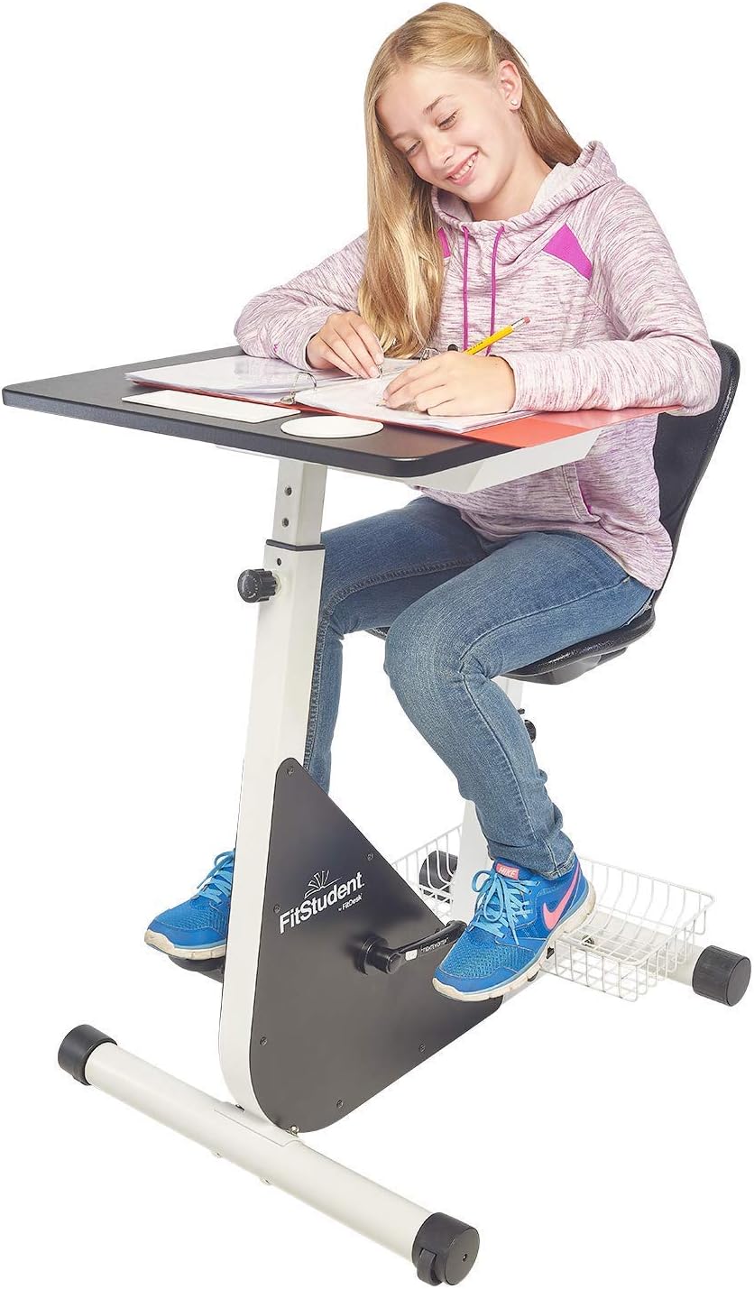 FitStudent Junior Bike Desk - Standing Desk Exercise Bike Pedal Machine with Stabilizer Wheels for Easy Movement - Height Adjustable Desk and Seat with Desk Top Storage