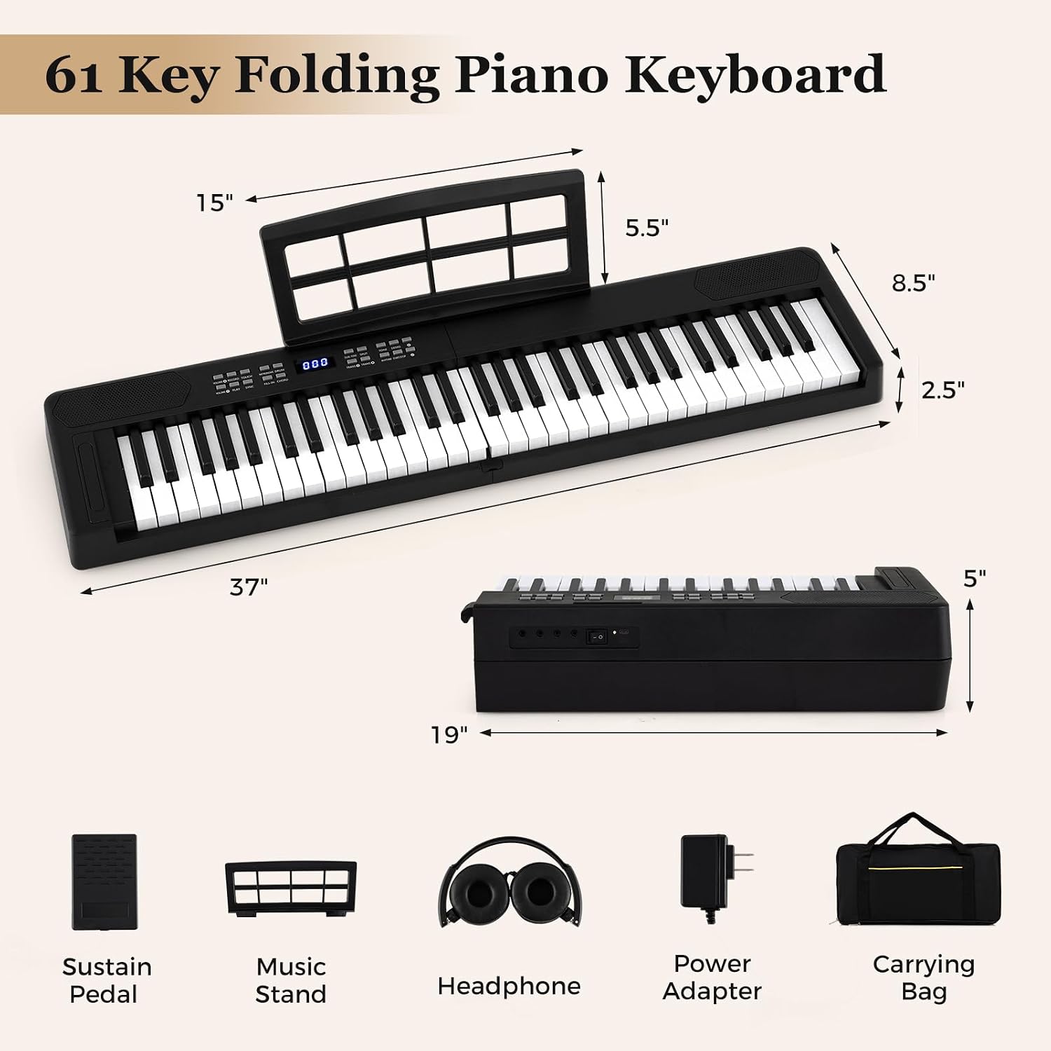 Costzon 61 Key Folding Piano Keyboard, Electric Digital Piano Keyboard with Lighted Keys, MIDI, Headphones, Sustain Pedal & Carrying Bag, Portable Keyboard Piano for Beginners Adults (Black)
