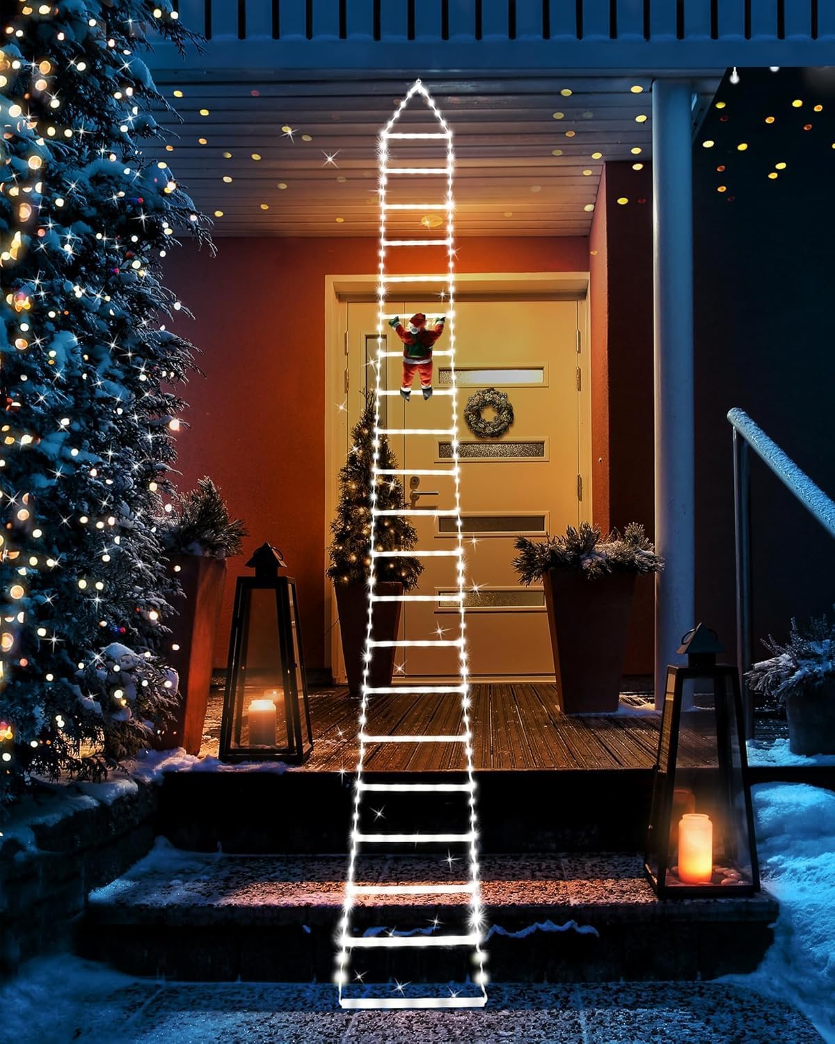 Christmas Decorations LED Ladder Lights with Climbing Santa Claus, 10ft Outdoor Christmas Decorative Light - 8 Modes Xmas Lights Tree for Home Holiday Wall Window Xmas Decor (Cool White)