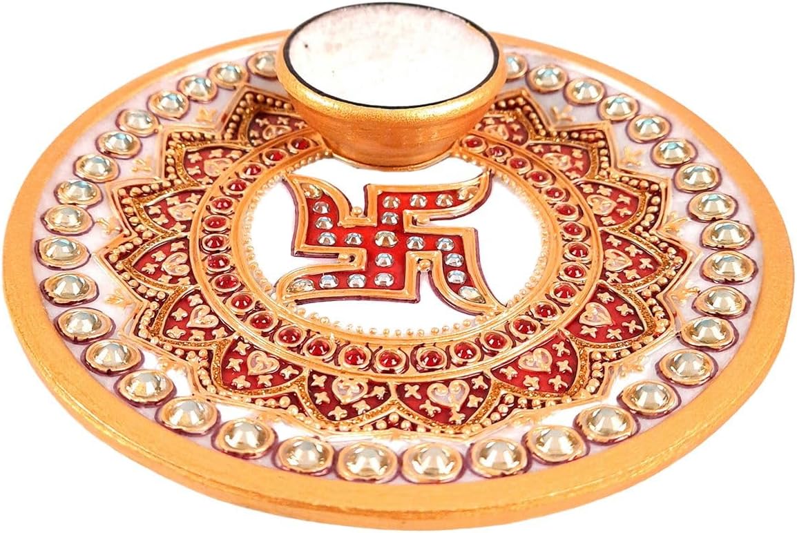 Apka Mart The Online Shop Pooja Thali Marble with Diya - Swastik Design | Decorative Puja Plate | Aarti Thali with Rich Handwork (Multicolor| 6 Inch) - for Home, Temple, Pooja, Rakhi, Diwali &Gift