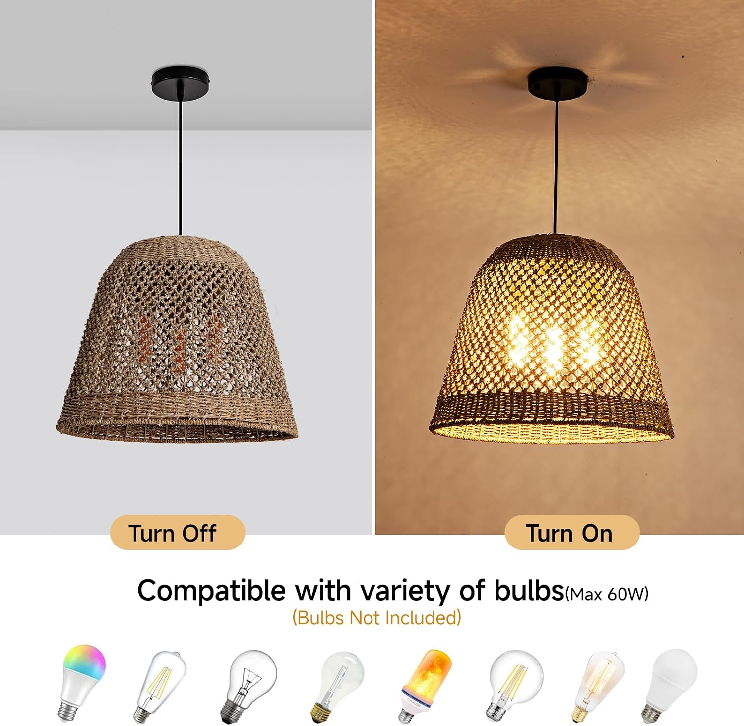 Large Rattan Pendant Light, 18.5" 3-Light Handmade Woven Boho Farmhouse Chandelier, Ideal for Kitchen Island, Dining Room, Living Room, Bedroom & Breakfast Nook