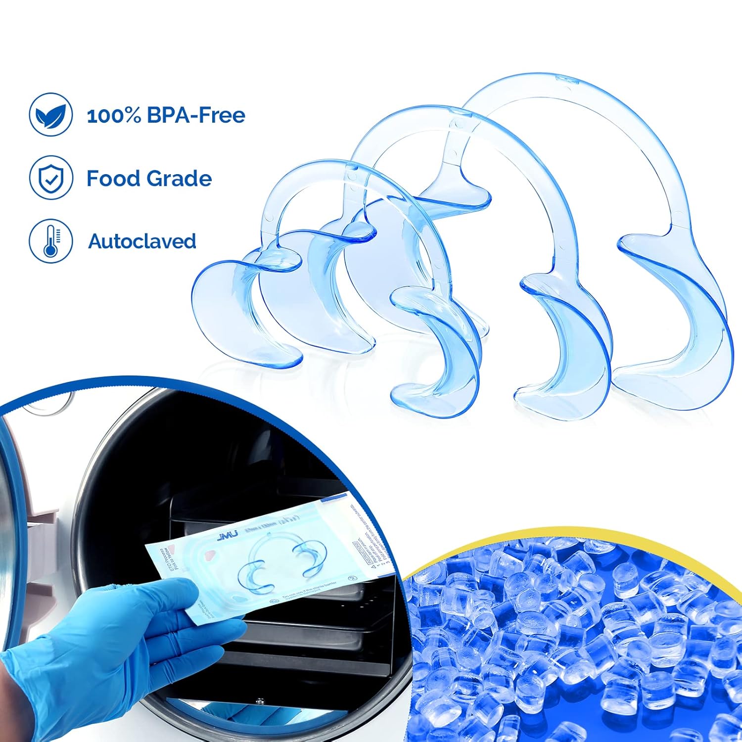 JMU Dental C-Shape Cheek Retractor Mouth Opener Large,Small,Medium Pack of 3 Bundle with 500 Pcs Long Cotton Swab 6" Wooden Handle Cotton Tipped Applicator : Industrial & Scientific